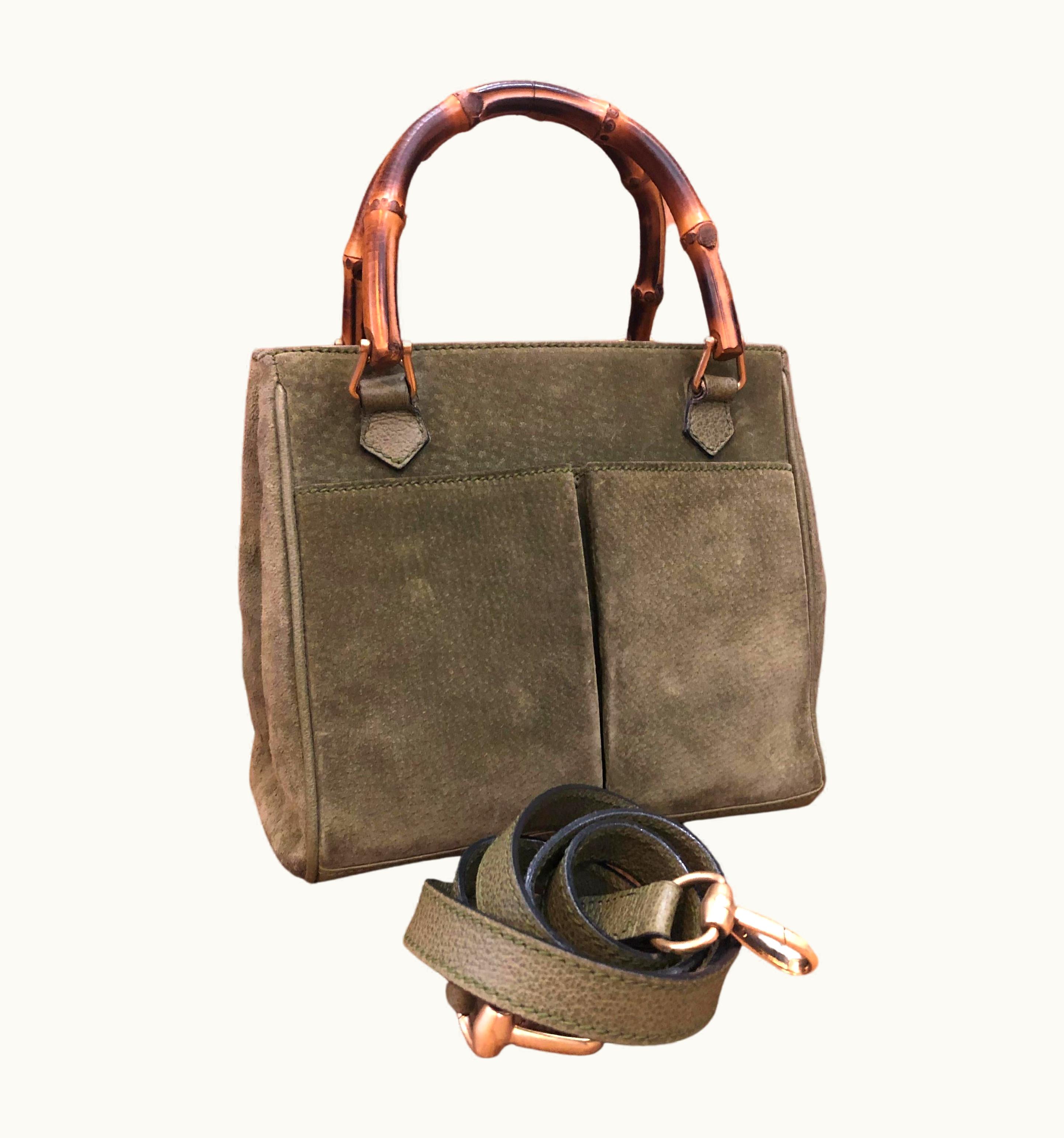 Gucci Vintage Gucci Suede Two-Way Bamboo Handbag Crossbody Small Olive