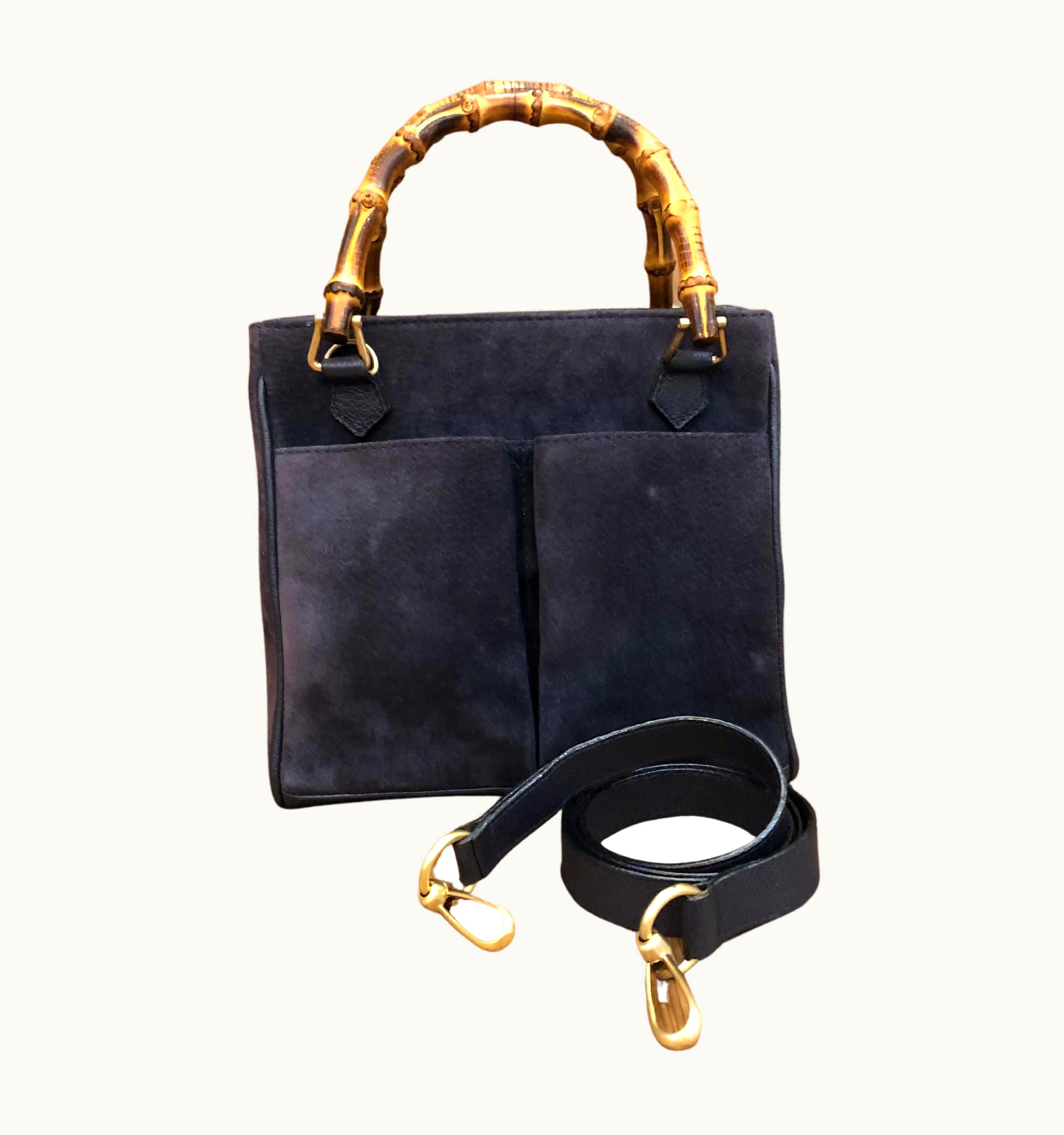 Gucci Vintage Gucci Small Suede Bamboo Two-Way Crossbody Handbag Navy