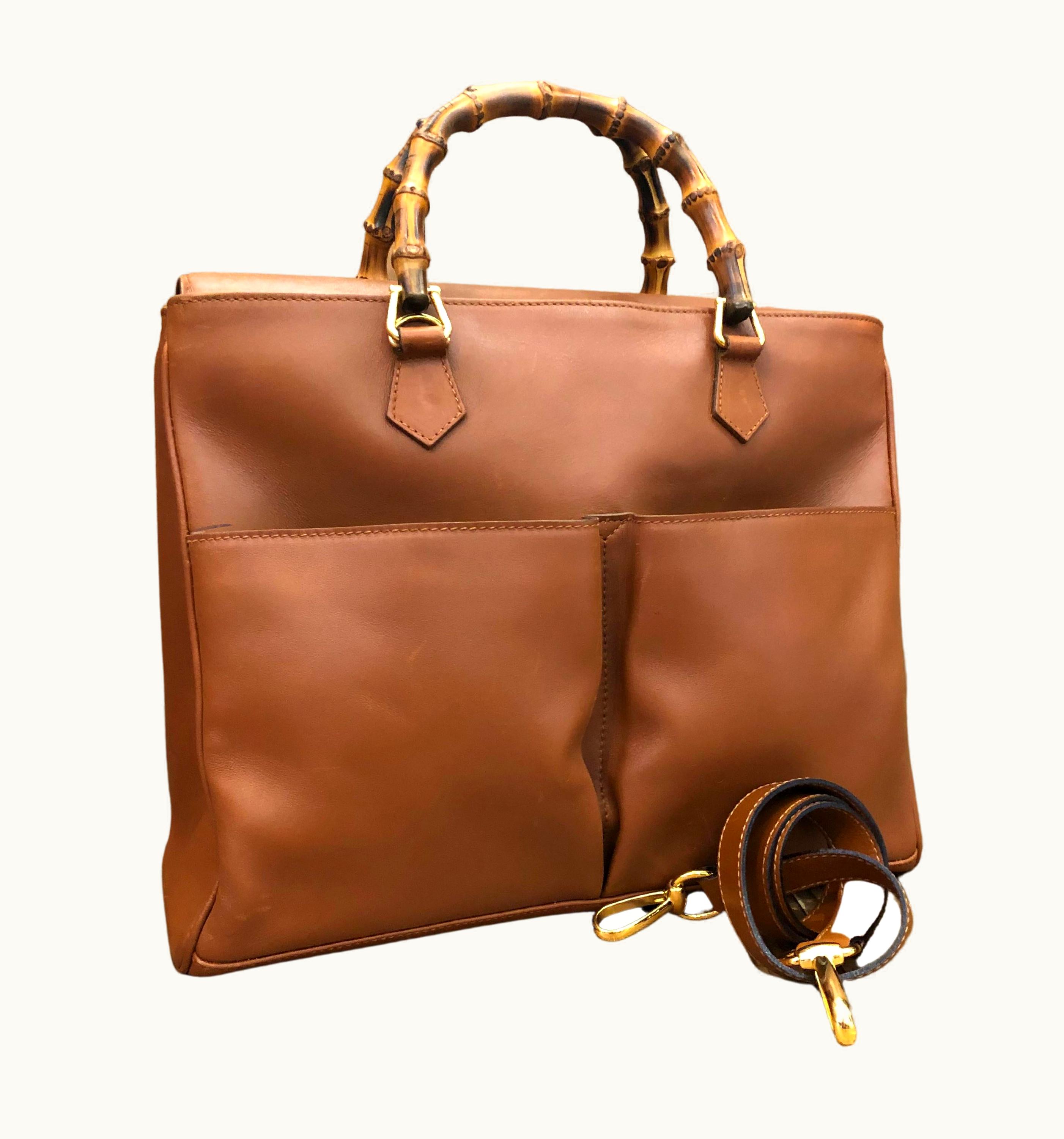 Gucci 1990s Vintage Gucci Calf Leather Bamboo Tote Tan Document Tote