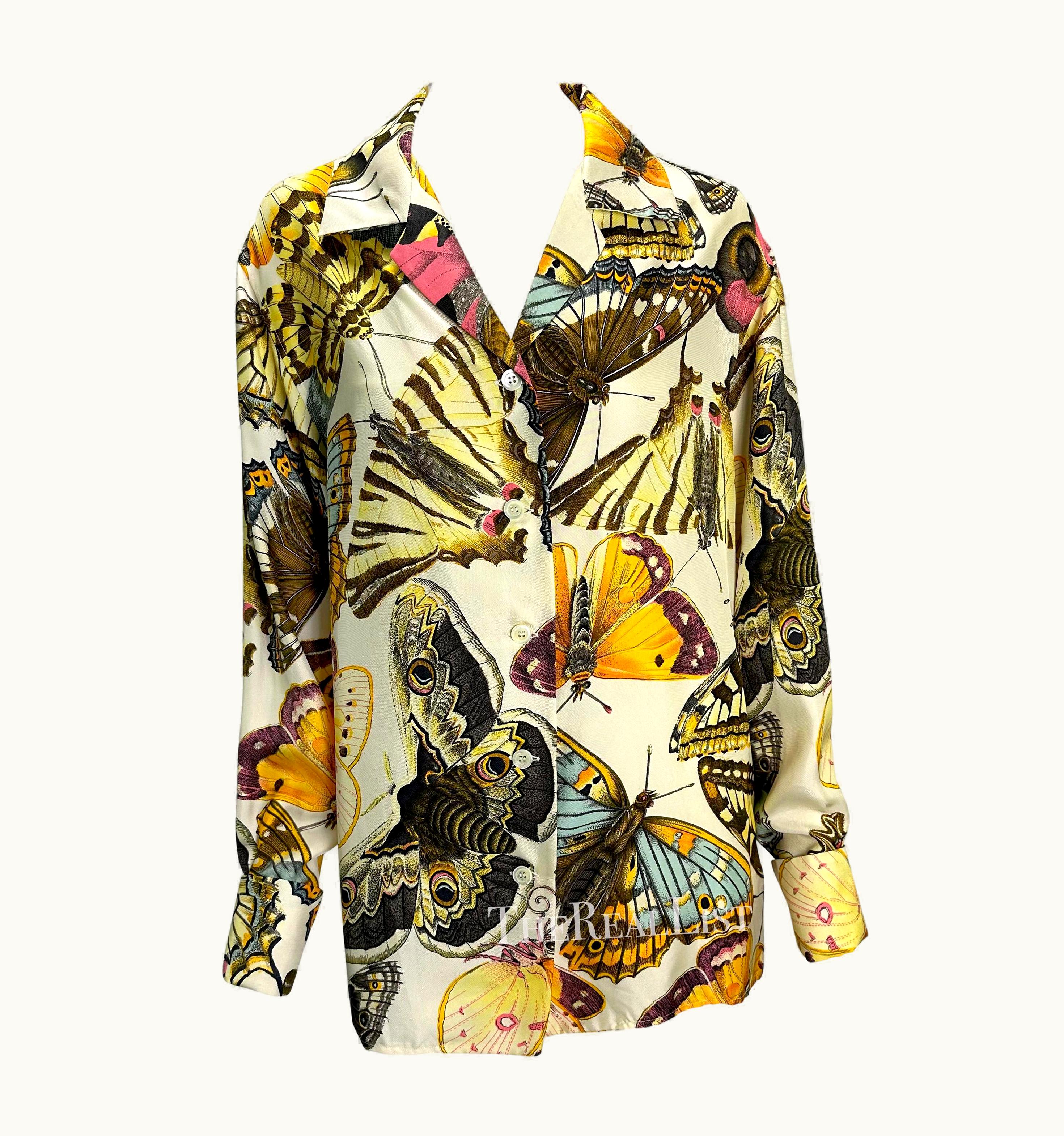 Gucci Early 1990s Gucci Butterfly Print Multicolor Silk Gg Cufflink Blouse