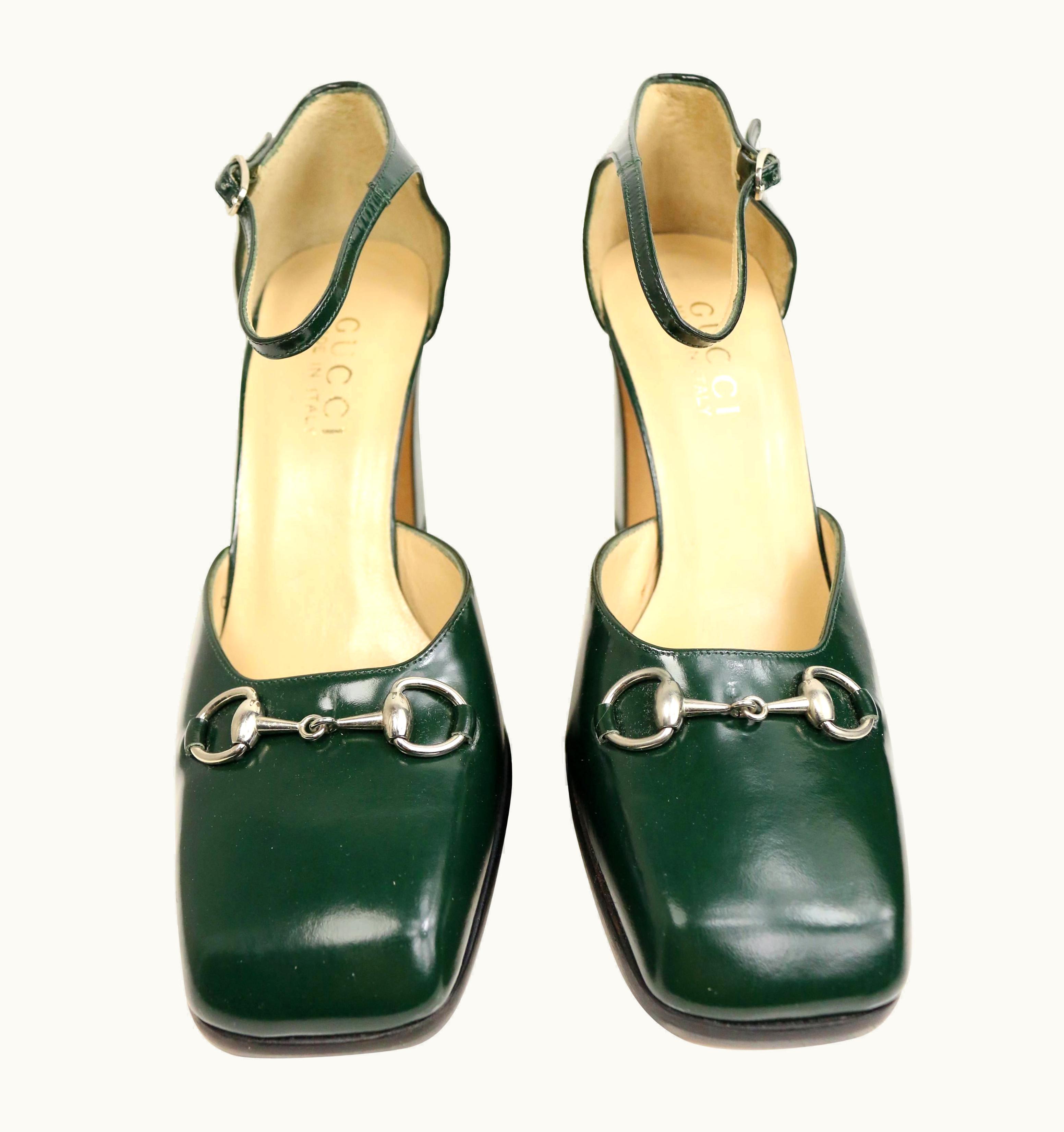 Gucci Gucci By Tom Ford Classic Green Leather Square Toe Strap Pumps