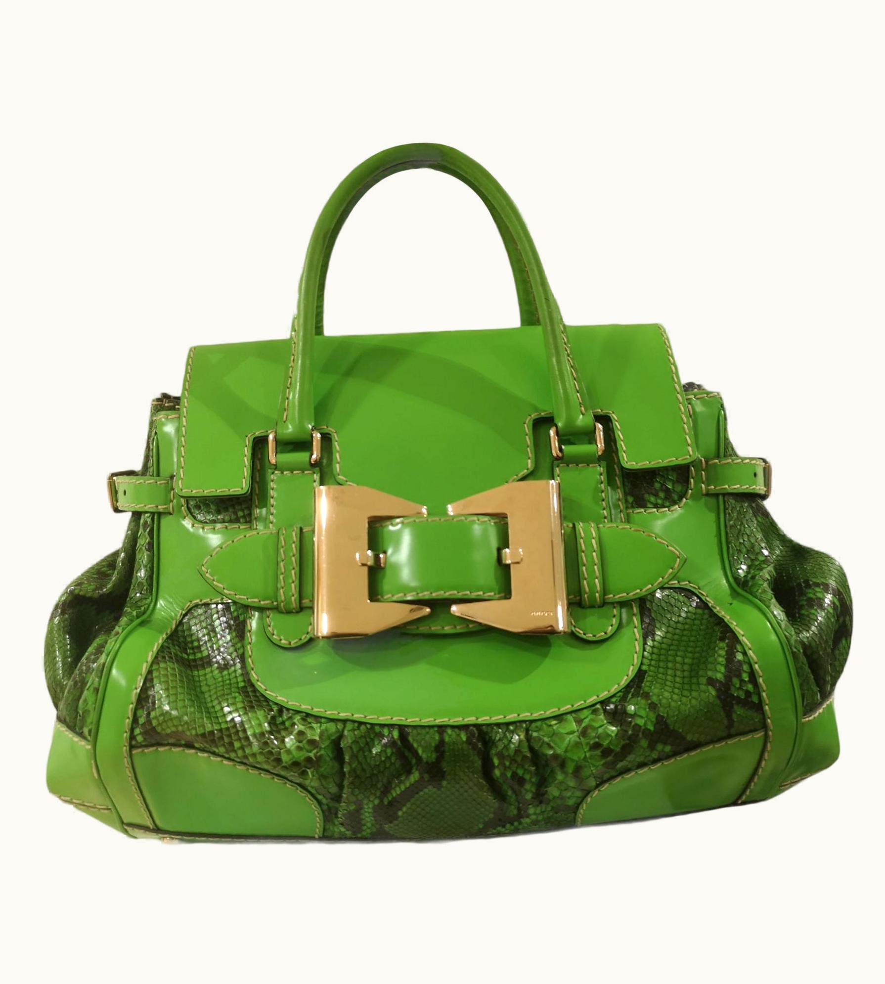 Gucci Gucci Green Leather Snake Skin Gold Tone Hardware Shoulder Handle Bag