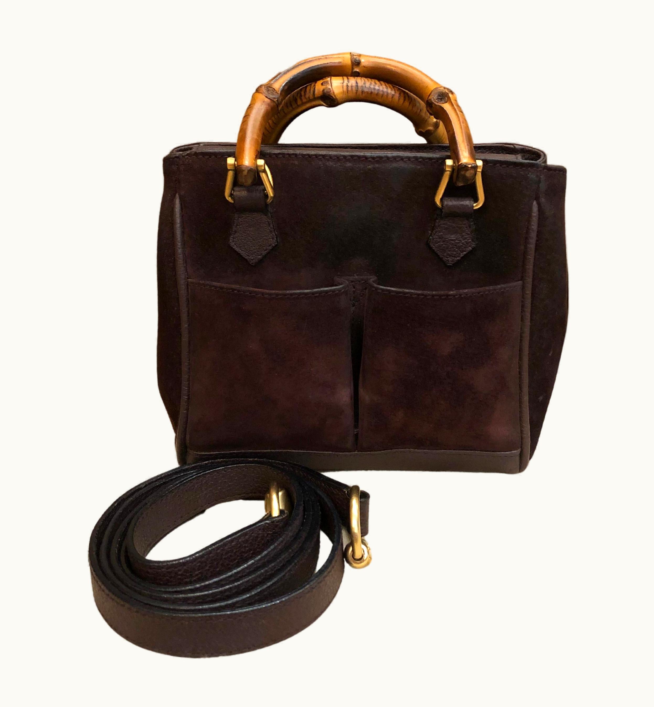 Gucci 1990s Vintage Gucci Mini Suede Bamboo Two-Way Crossbody Handbag Chocolate Brown