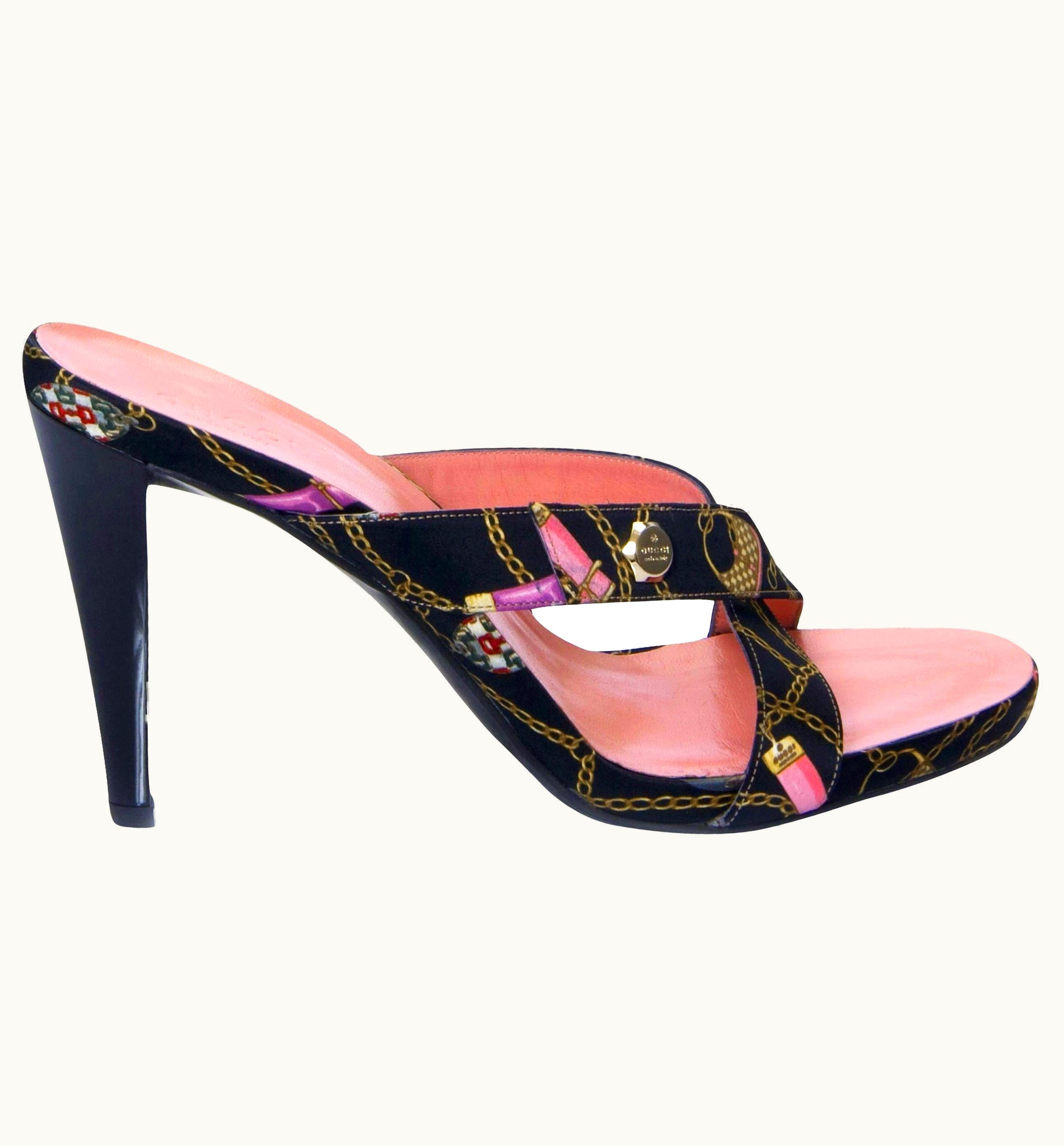 Gucci Tom Ford For Gucci Vintage Chain Logo Satin Slide Heels
