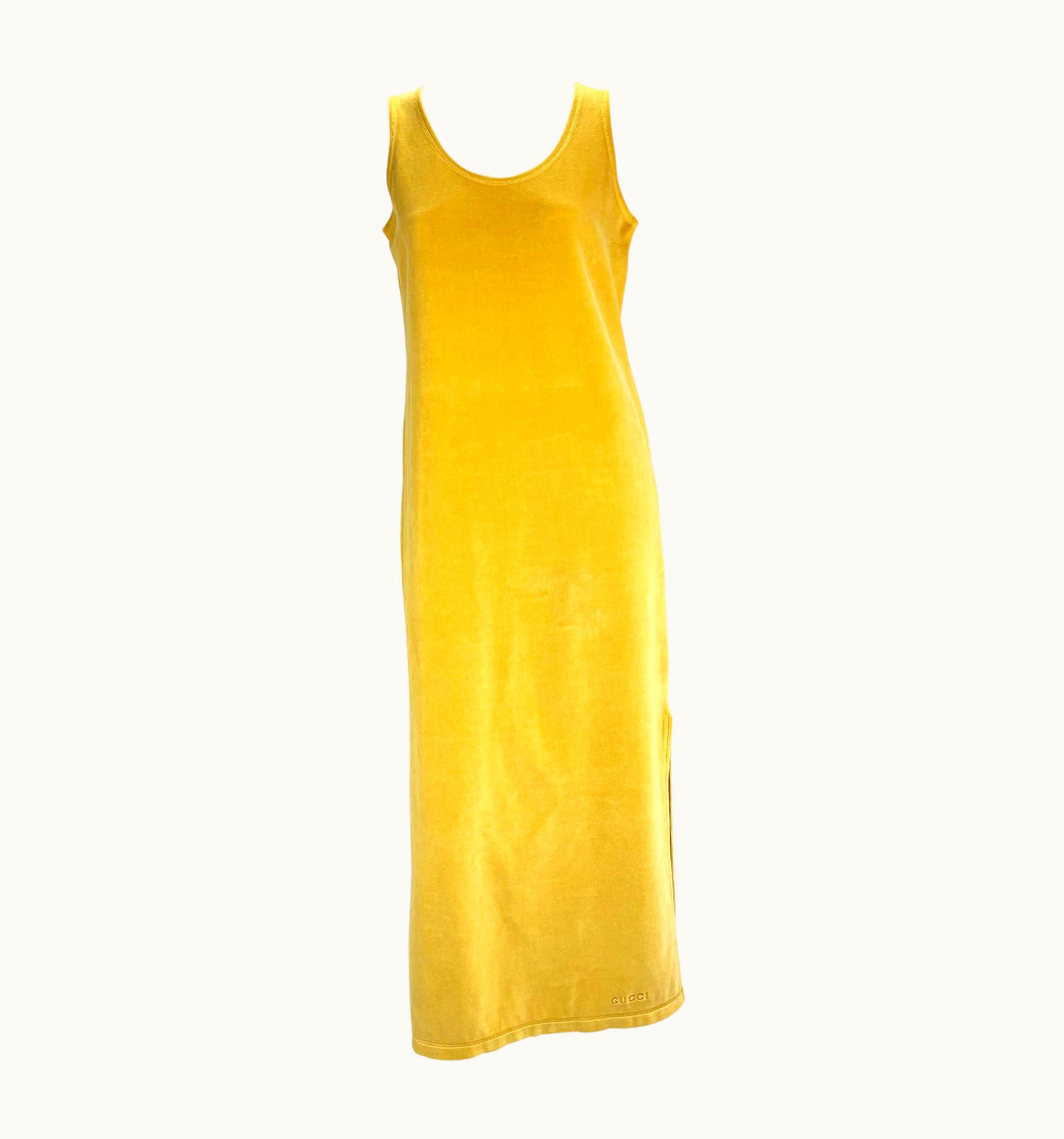 Gucci S/S 1994 Gucci Marigold Velvet Terry Cloth Full Length Logo Embroidered Dress