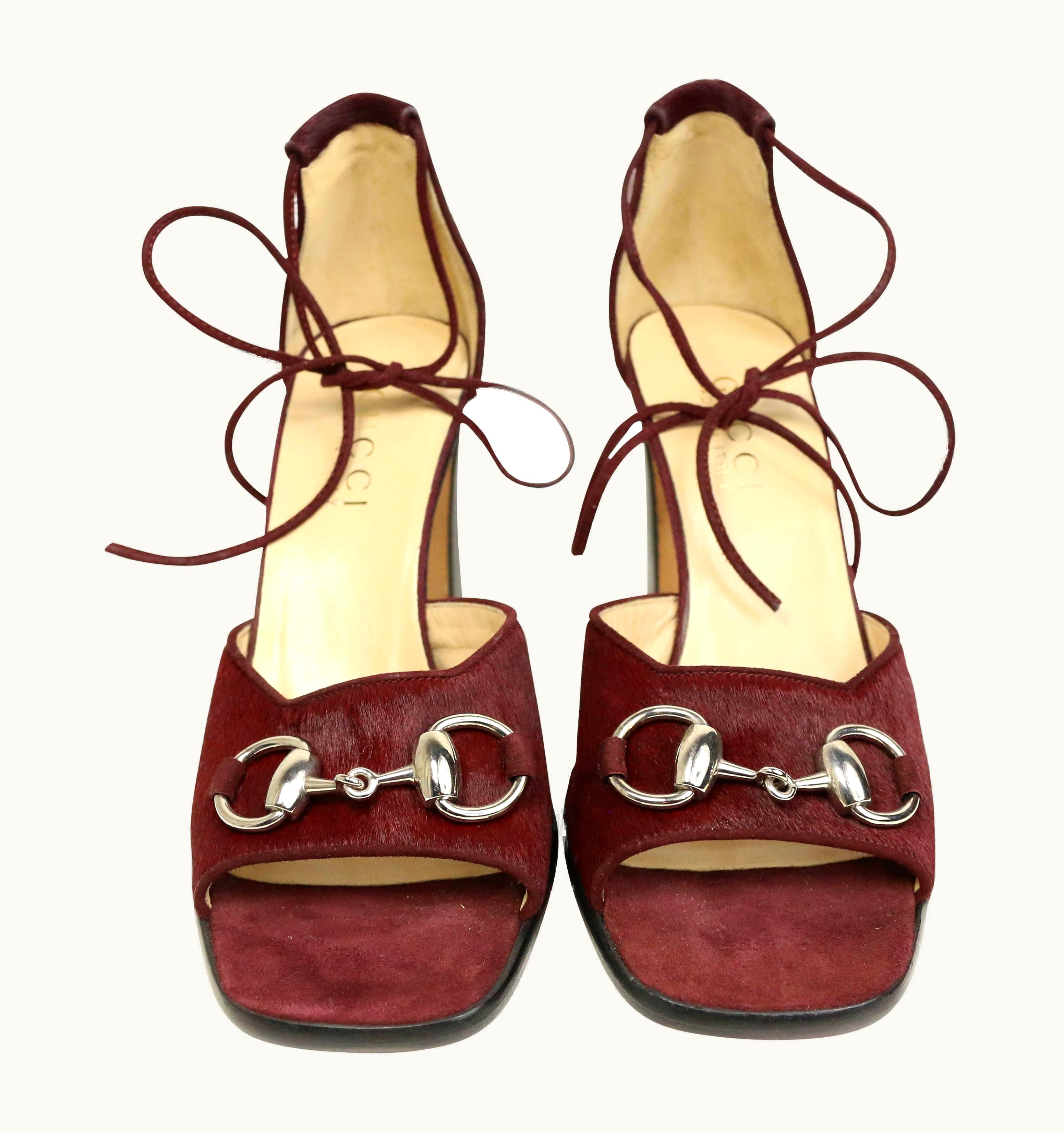 Gucci Gucci By Tom Ford Red Pony Hair Lace Up Open Toe Sandals Heels