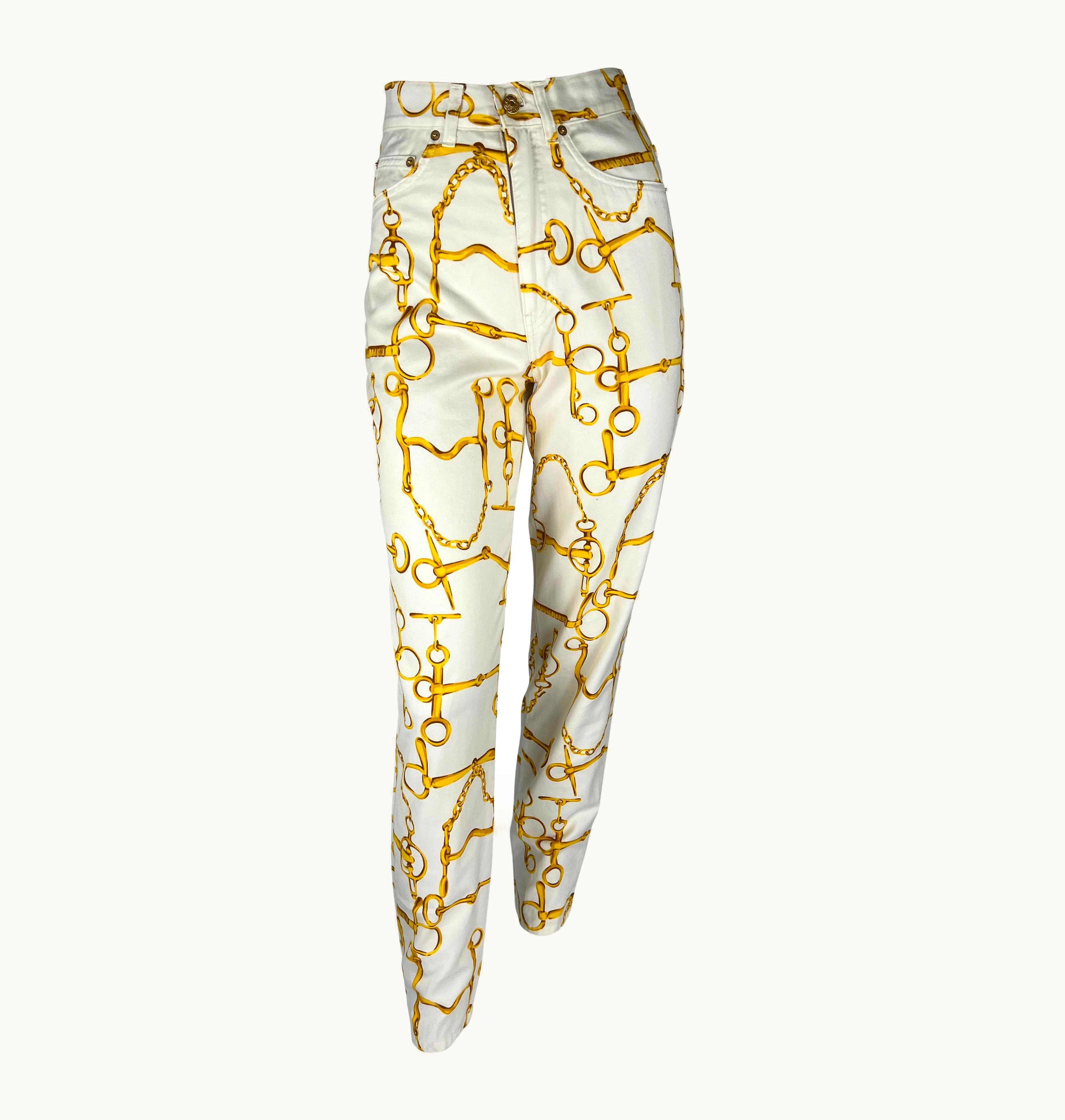 Gucci S/S 1993 Gucci White Gold Horsebit Chain Print High-Waisted Jean Pants