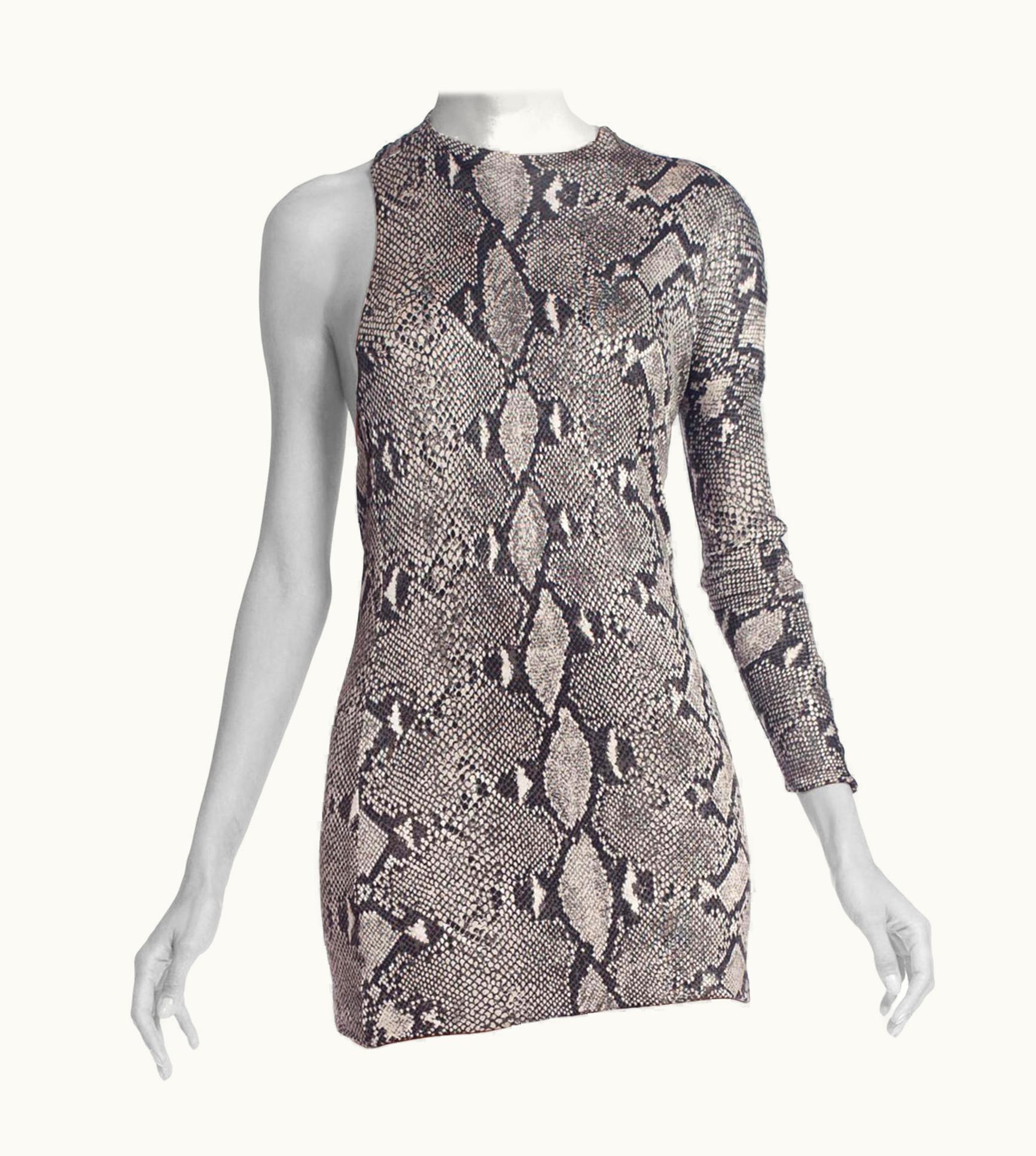 Gucci 1990s Ton Ford Gucci Snakeskin Print Silk Jersey Iconic One Sleeve Cocktail Dre