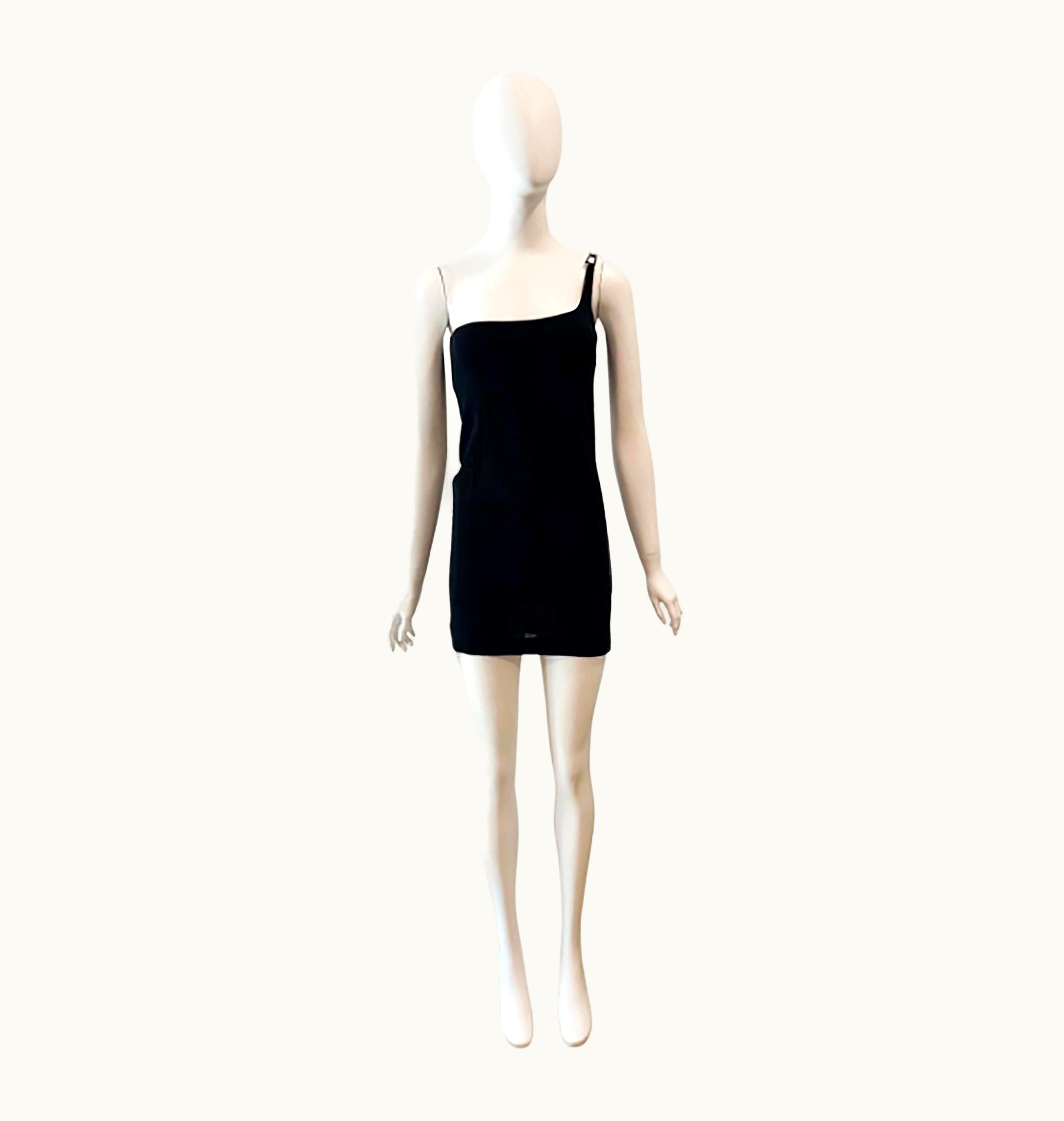 Gucci 1998 Gucci Tom Ford Slinky Black One Shoulder Gucci Logo Buckle Mini Dress UZ0573445