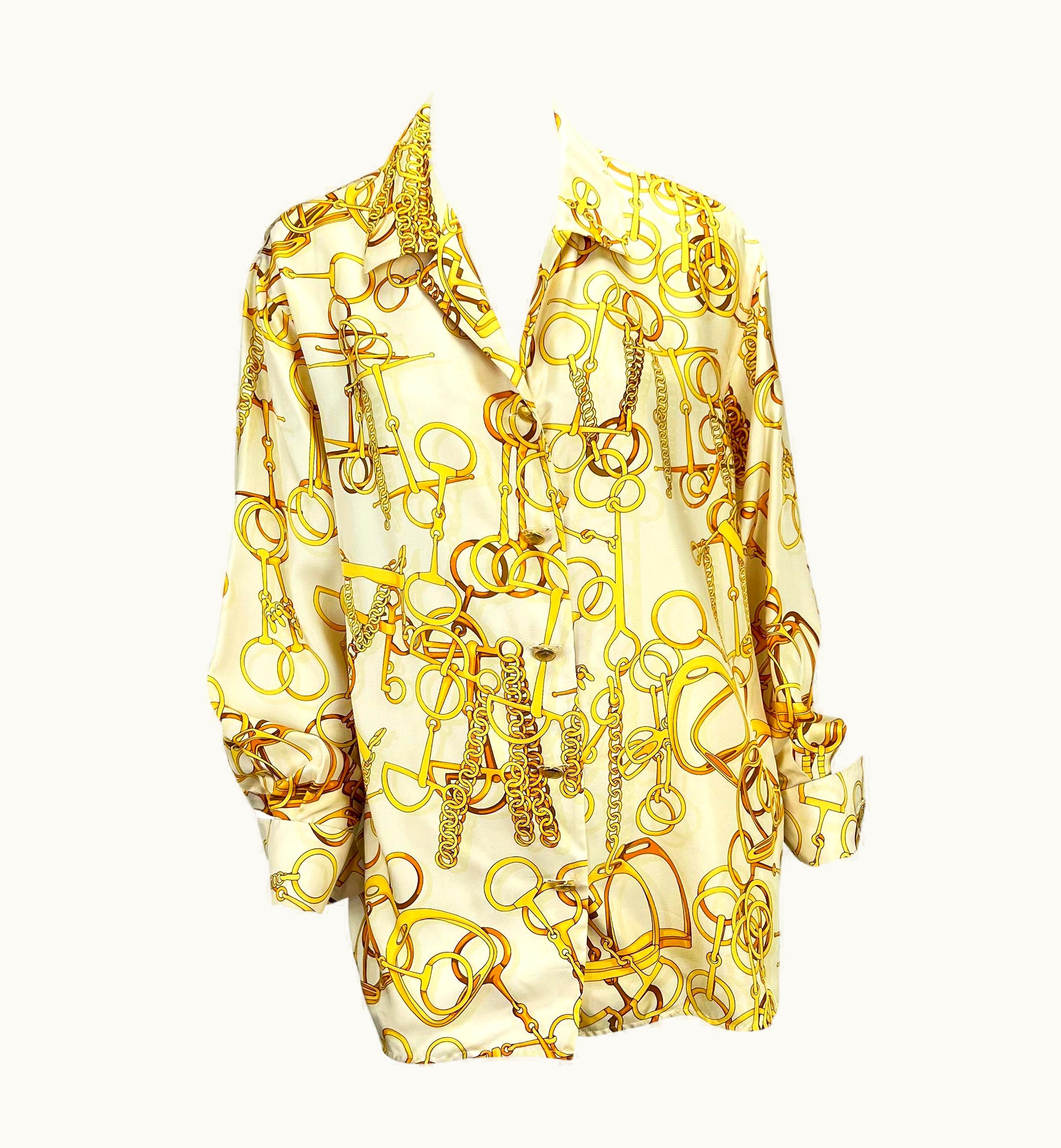 Gucci S/S 1993 Gucci White And Gold Horsebit Print Button Up French Cuff Top