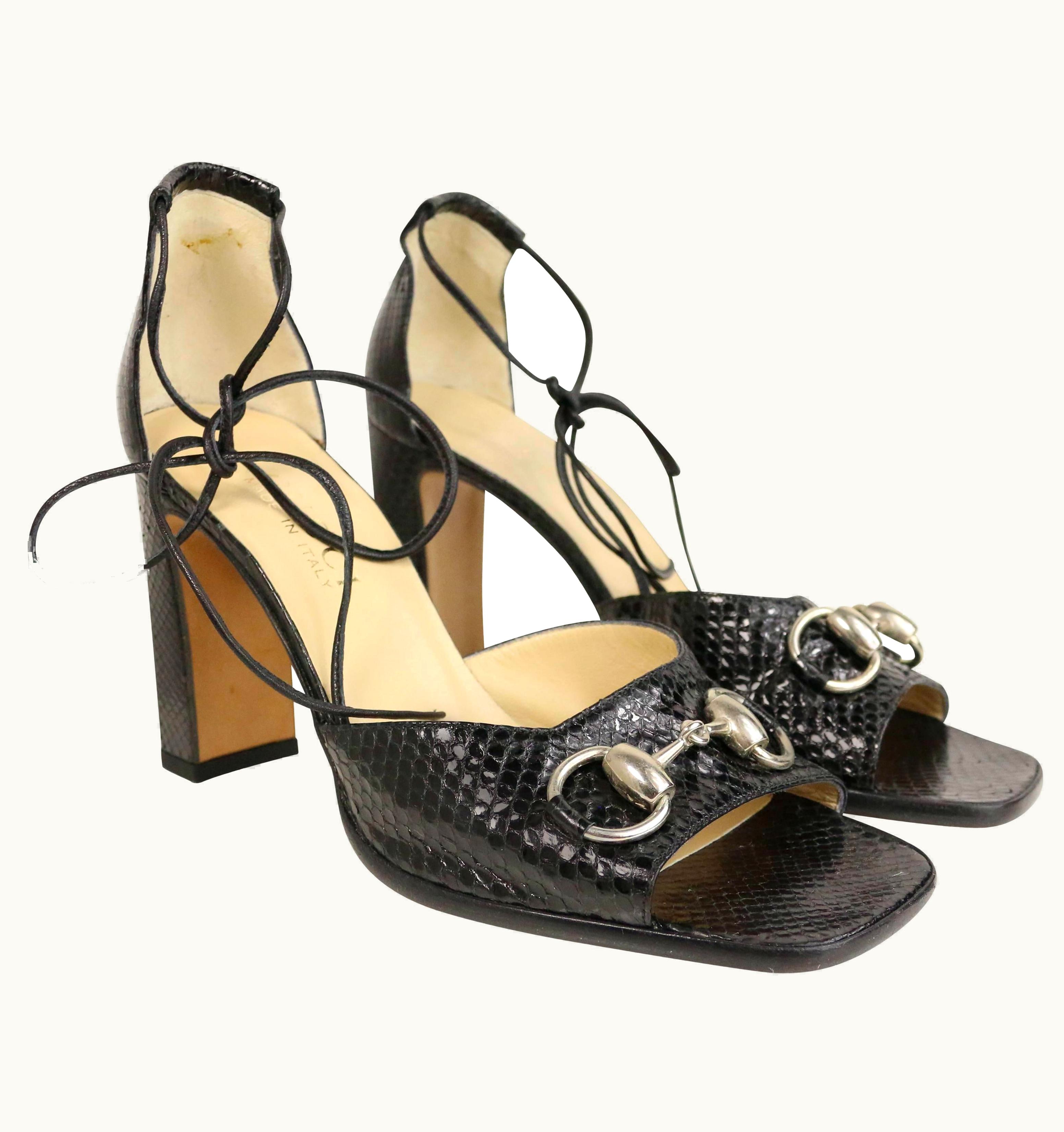Gucci 1996 Gucci By Tom Ford Classic Black Python Open Toe Lace Up Sandals Heels