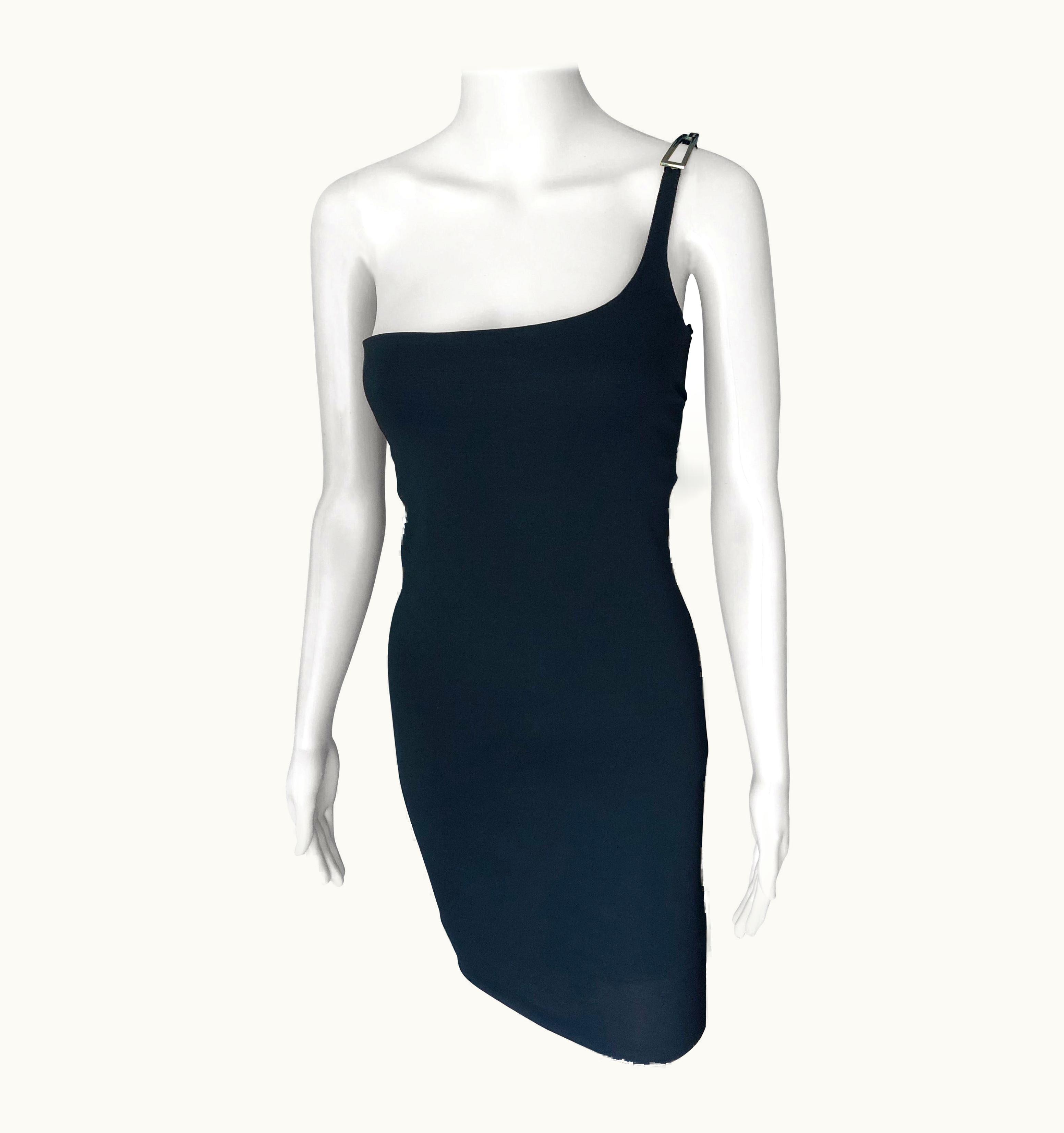 Gucci Tom Ford For Gucci AW 1997 Vintage One Shoulder Logo Buckle Black Mini Dress UZ0573454