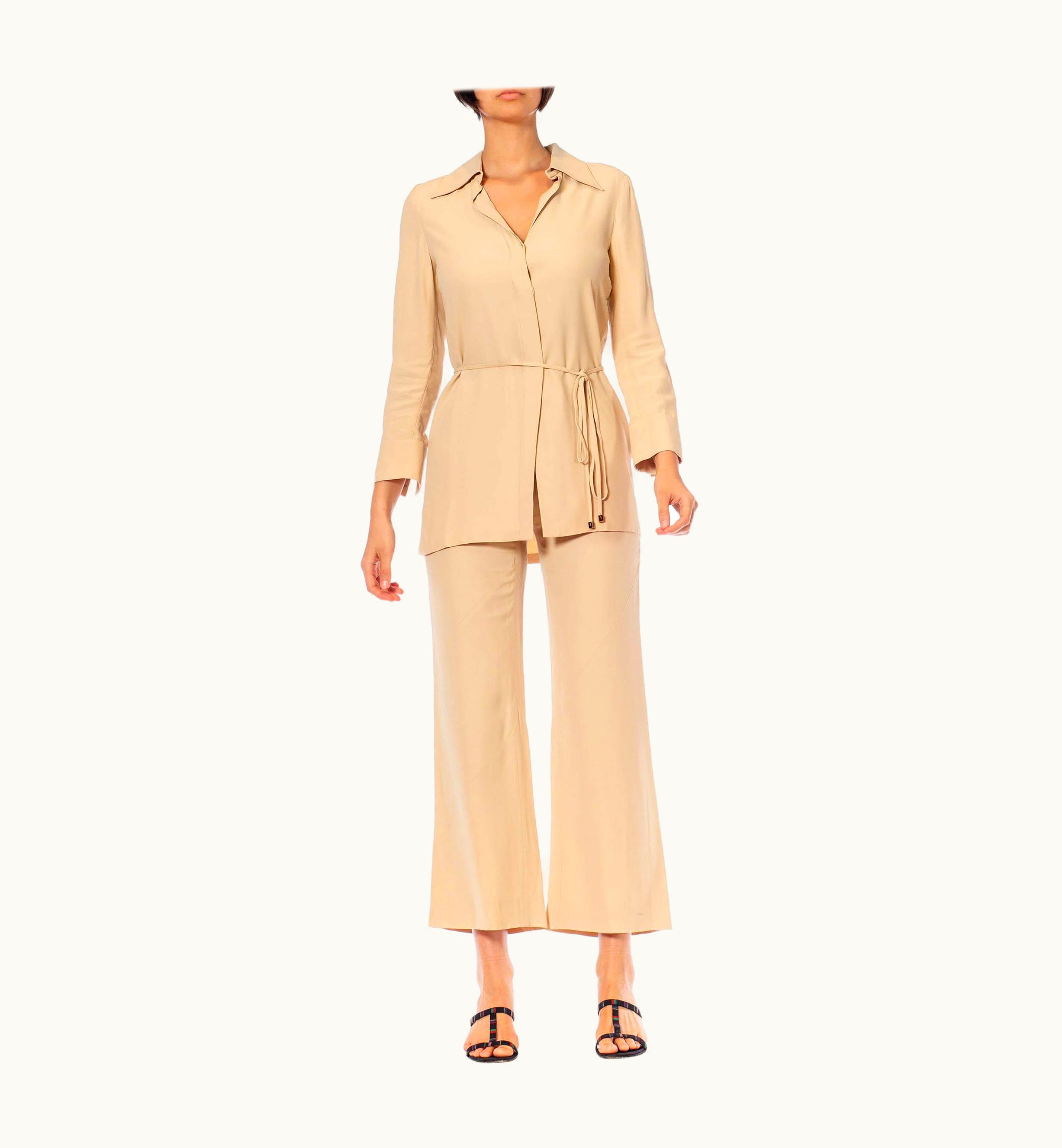 Gucci Morphew Vintage Gucci Beige Acetate & Rayon Crepe Back Satin Pant & Wrap Blouse