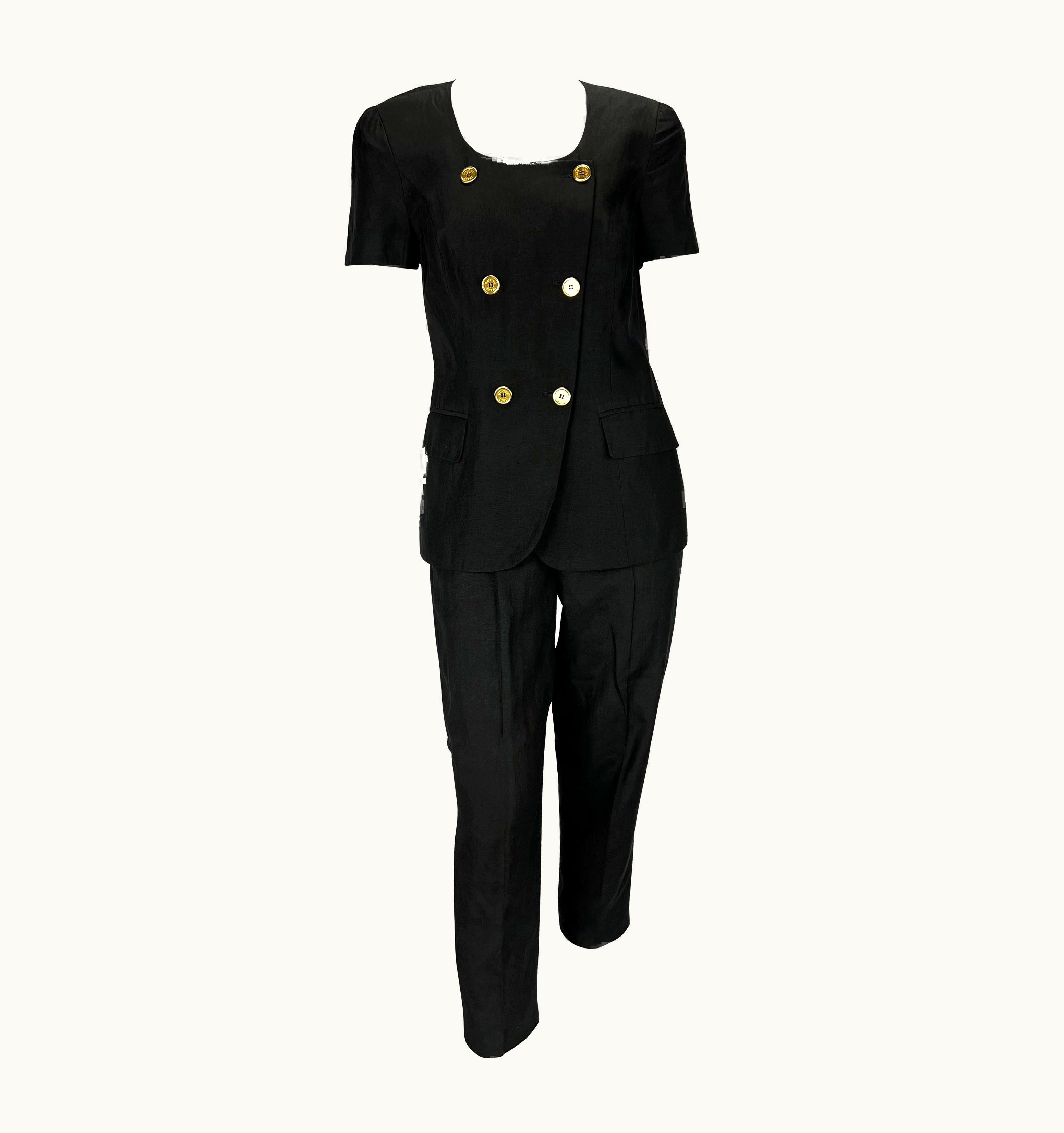 Gucci Early 1990s Gucci Black Linen Gold Logo Double-Breasted Short Sleeve Pant Suit
