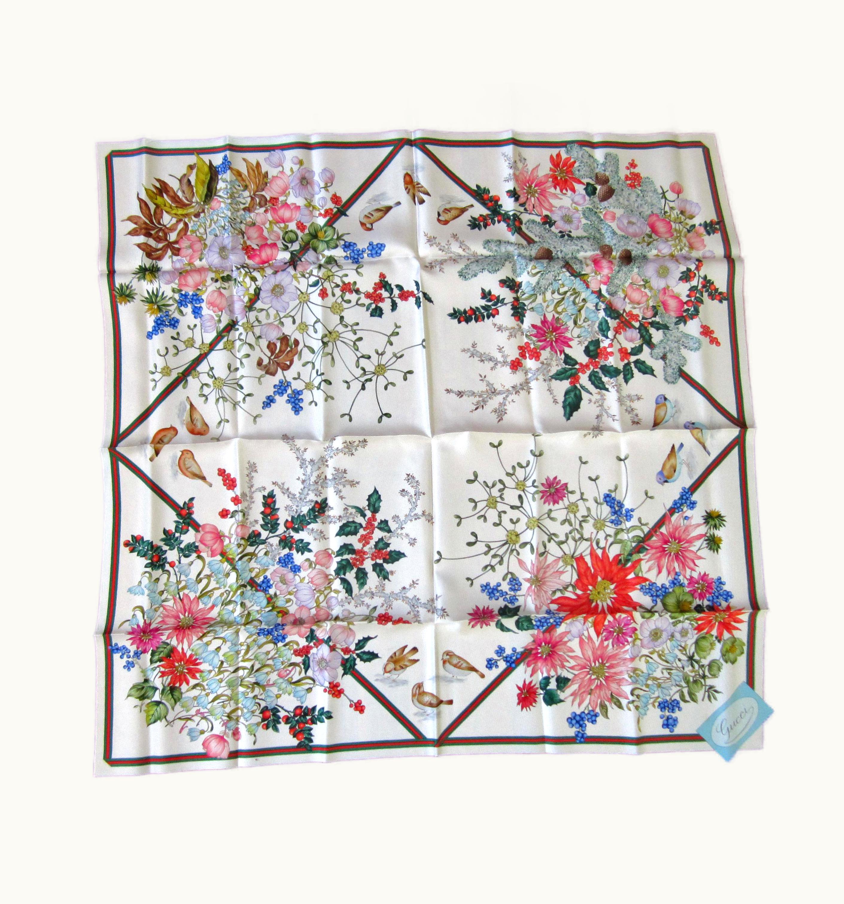 Gucci Gucci Silk Scarf Floral Bird Motif 1990s New, Never Worn
