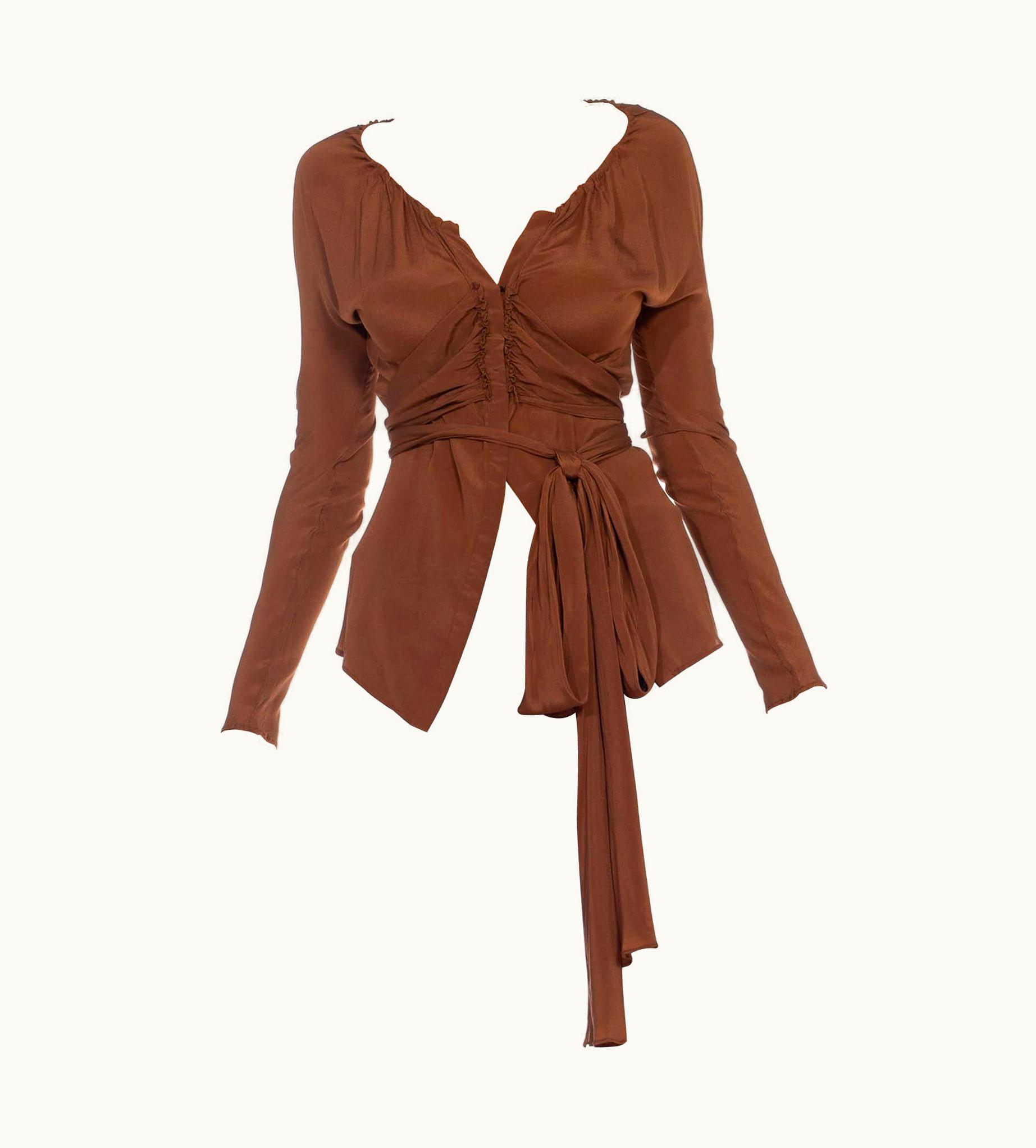 Gucci 1990s Gucci Brown Silk Chiffon Shirred Waist Blouse