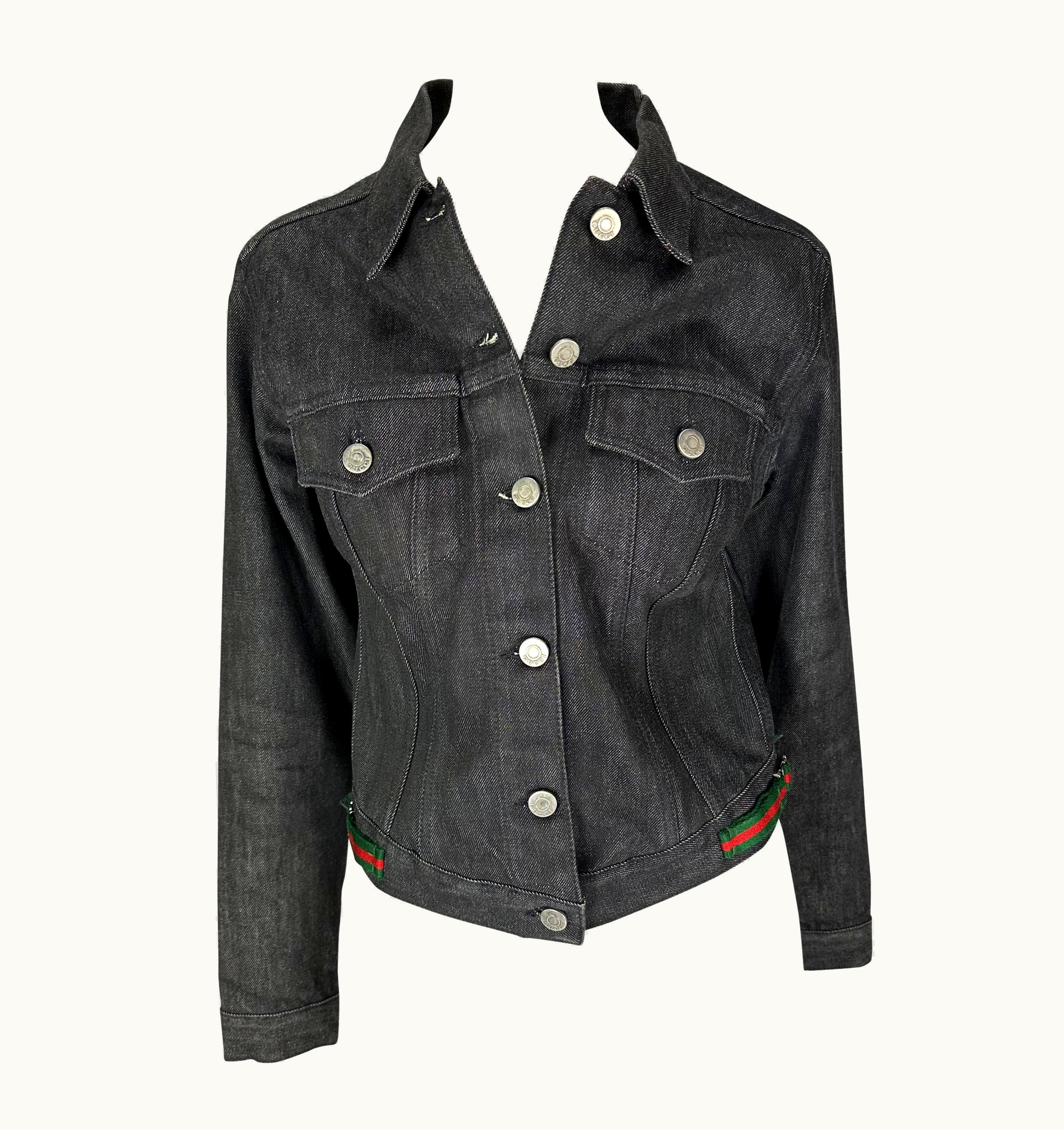 Gucci 1999 Gucci By Tom Ford Web Buckle Black Logo Button Cotton Denim Jacket