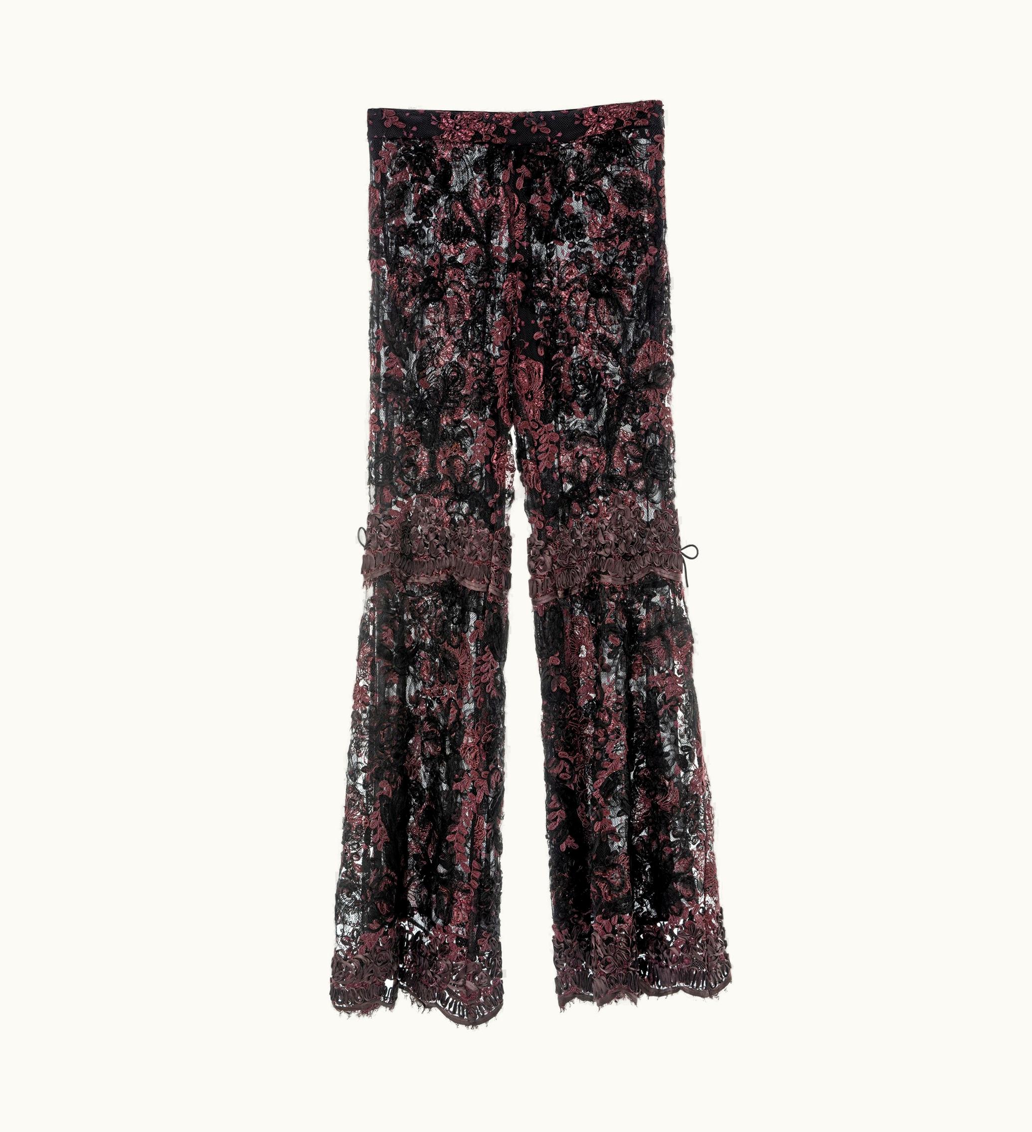 Gucci Gucci By Tom Ford Burgundy Lamé Floral Lace Flared Evening Pants, AW 1999