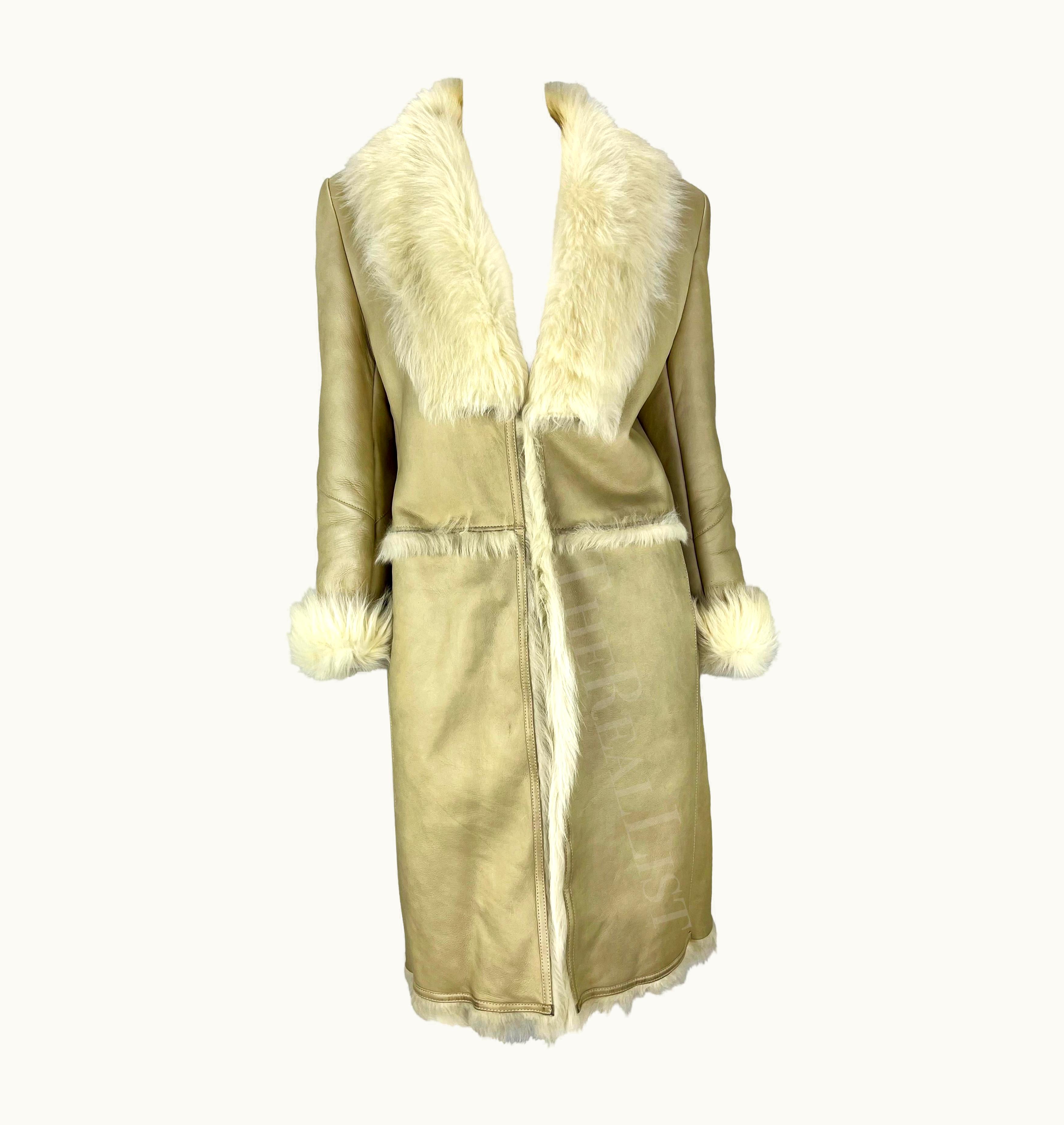 Gucci AW 1997 Gucci By Tom Ford Beige Leather Shearling Fur Full-Length Coat