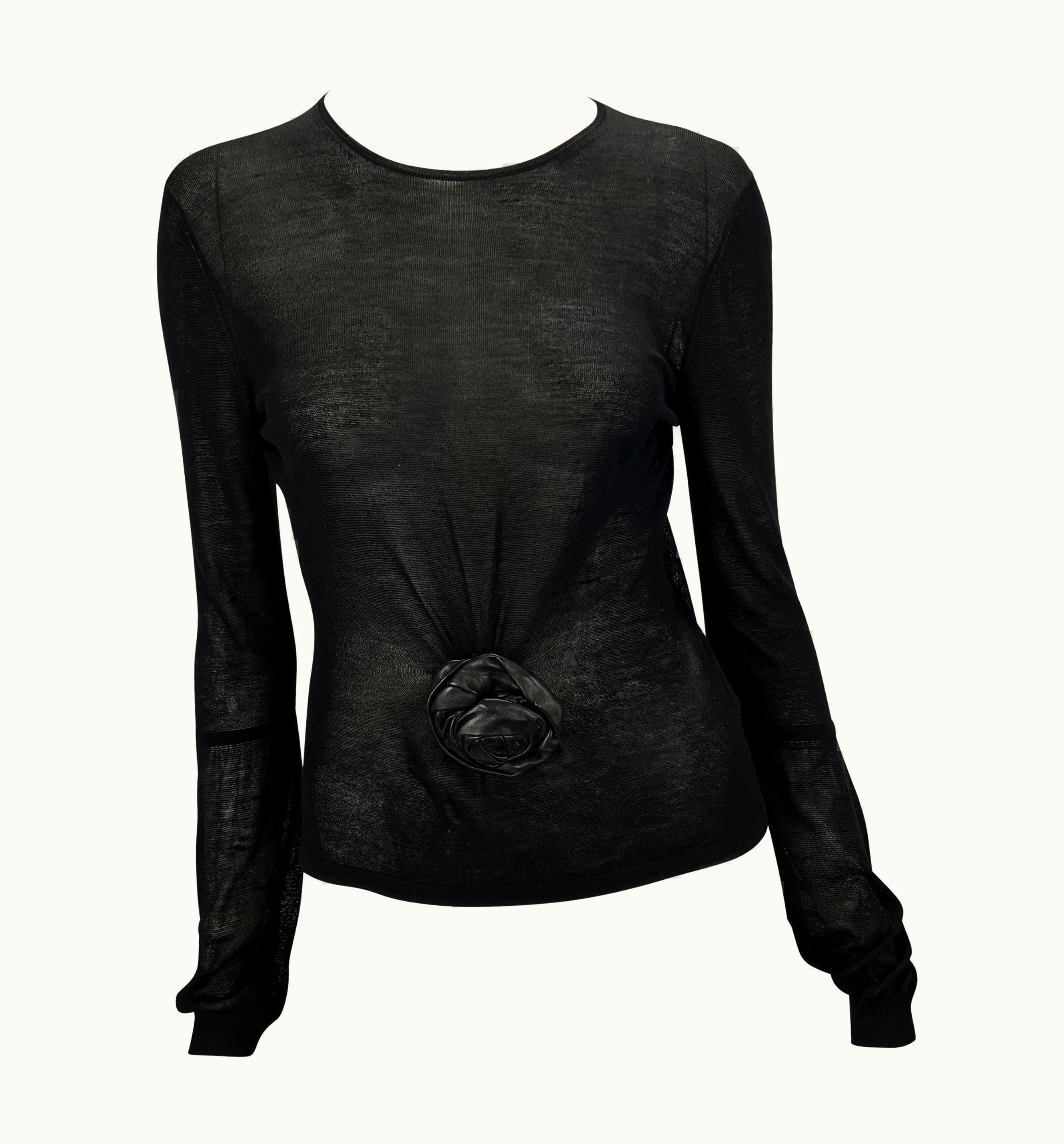 Gucci AW 1999 Gucci By Tom Ford Runway Leather Flower Appliqué Sheer Knit Top UZ0573569