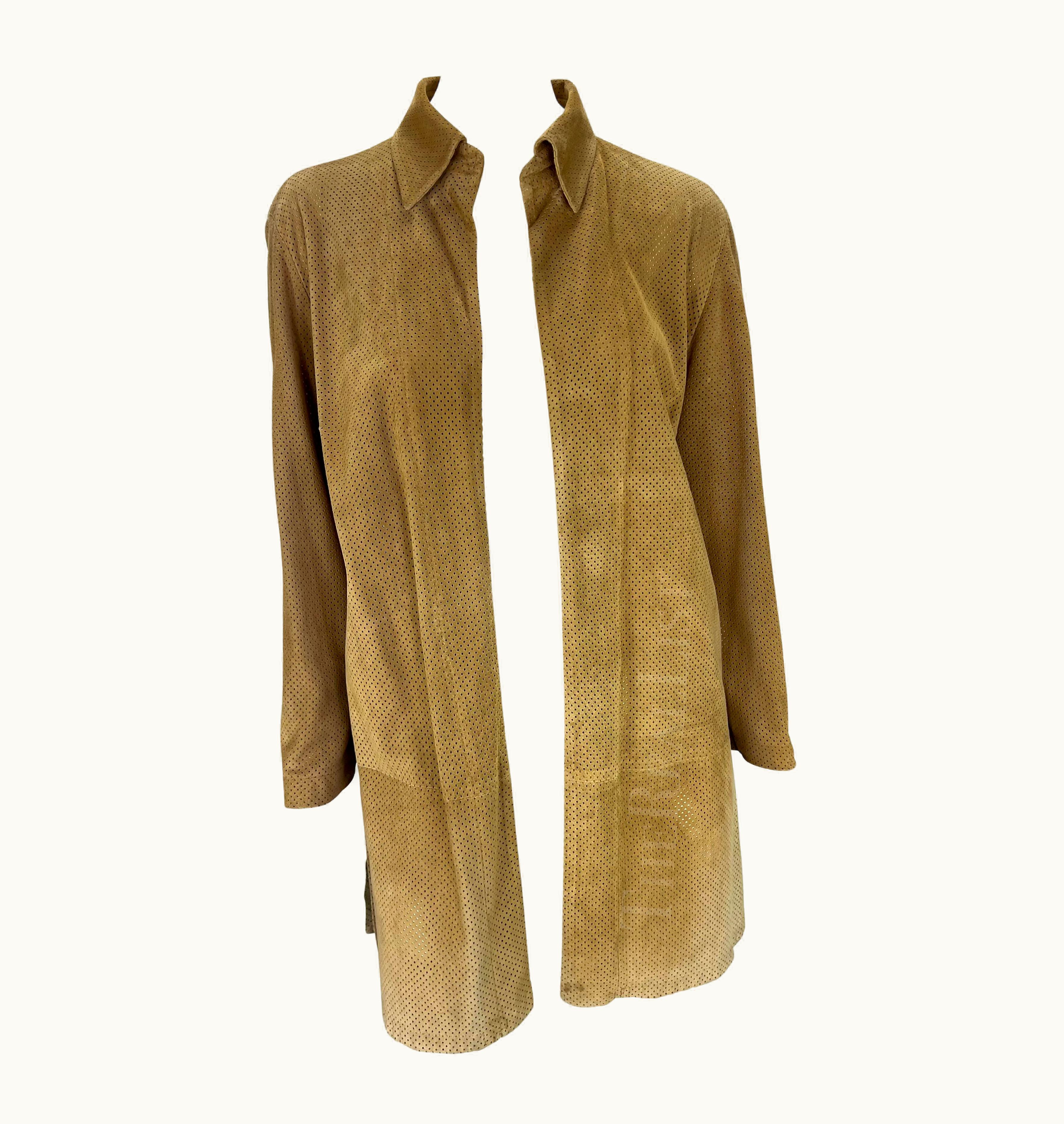 Gucci S/S 1997 Gucci By Tom Ford Tan Perforated Suede Open Collared Skirt Jacket