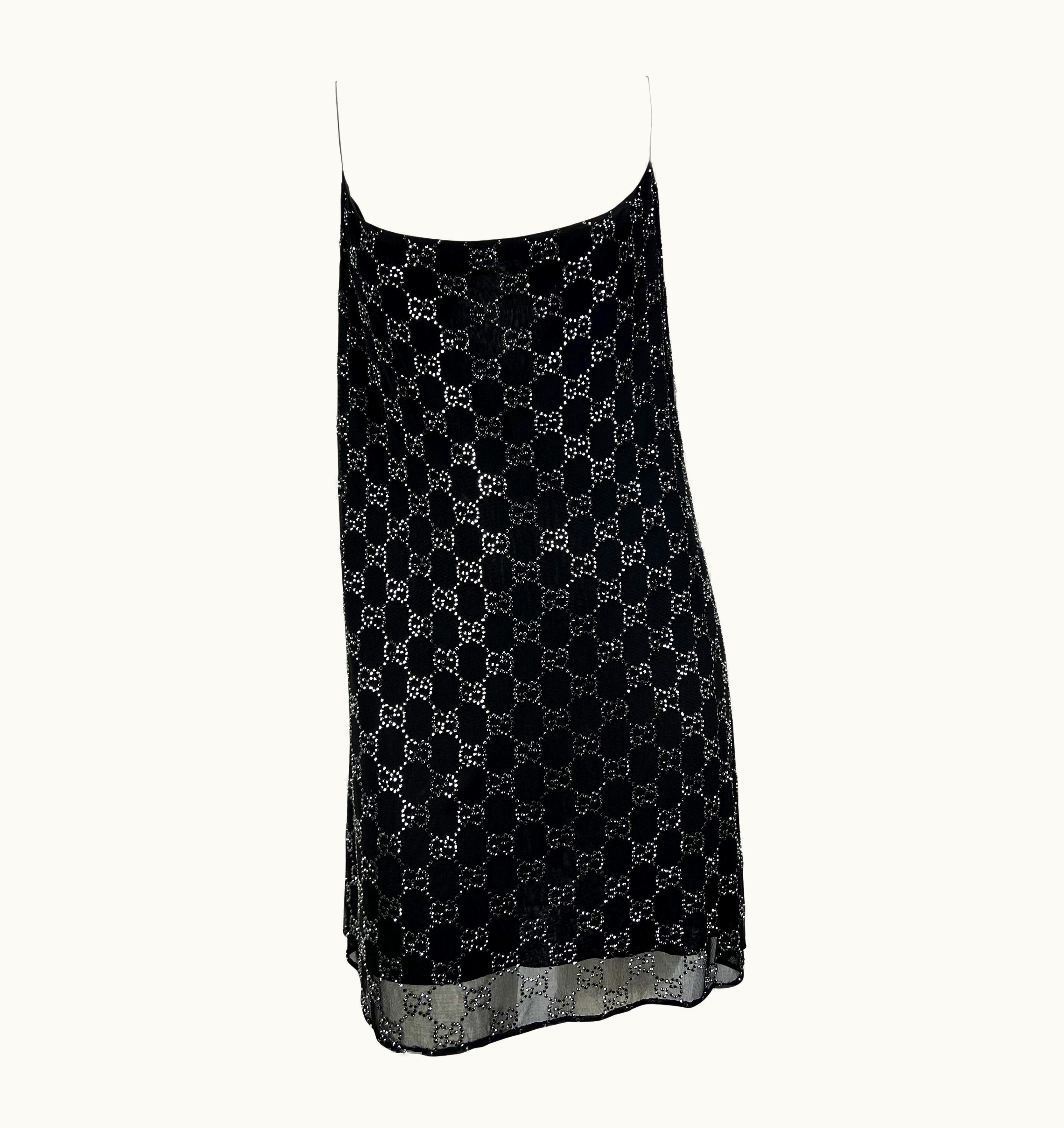 Gucci S/S 1998 Gucci By Tom Ford Gg Monogram Rhinestone Silk Chiffon Navy Dress