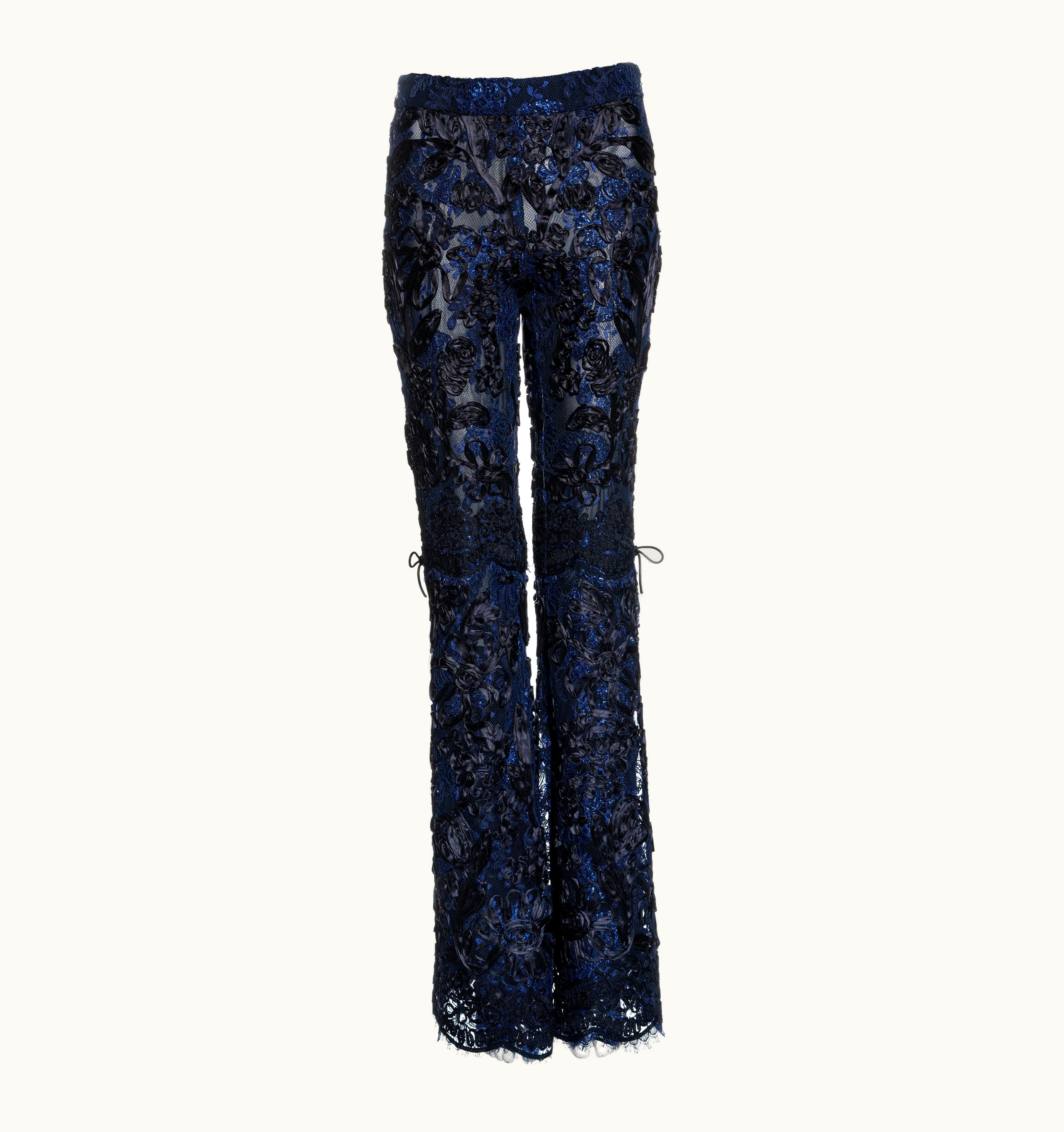 Gucci Gucci By Tom Ford Blue And Black Lamé Floral Lace Flared Pants, AW 1999