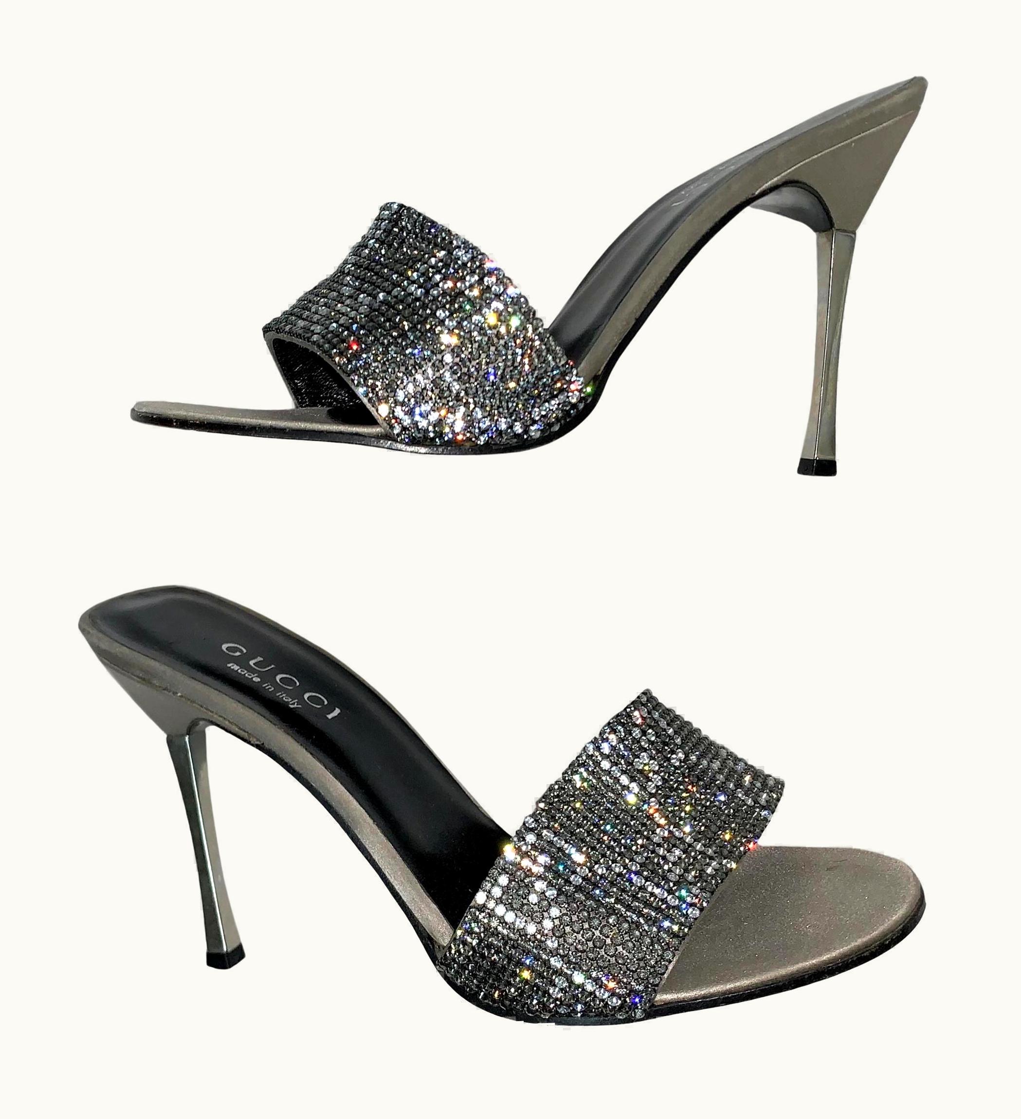 Gucci 1998 Gucci By Tom Ford Crystal Silver G Logo Monogram High Heel Slides