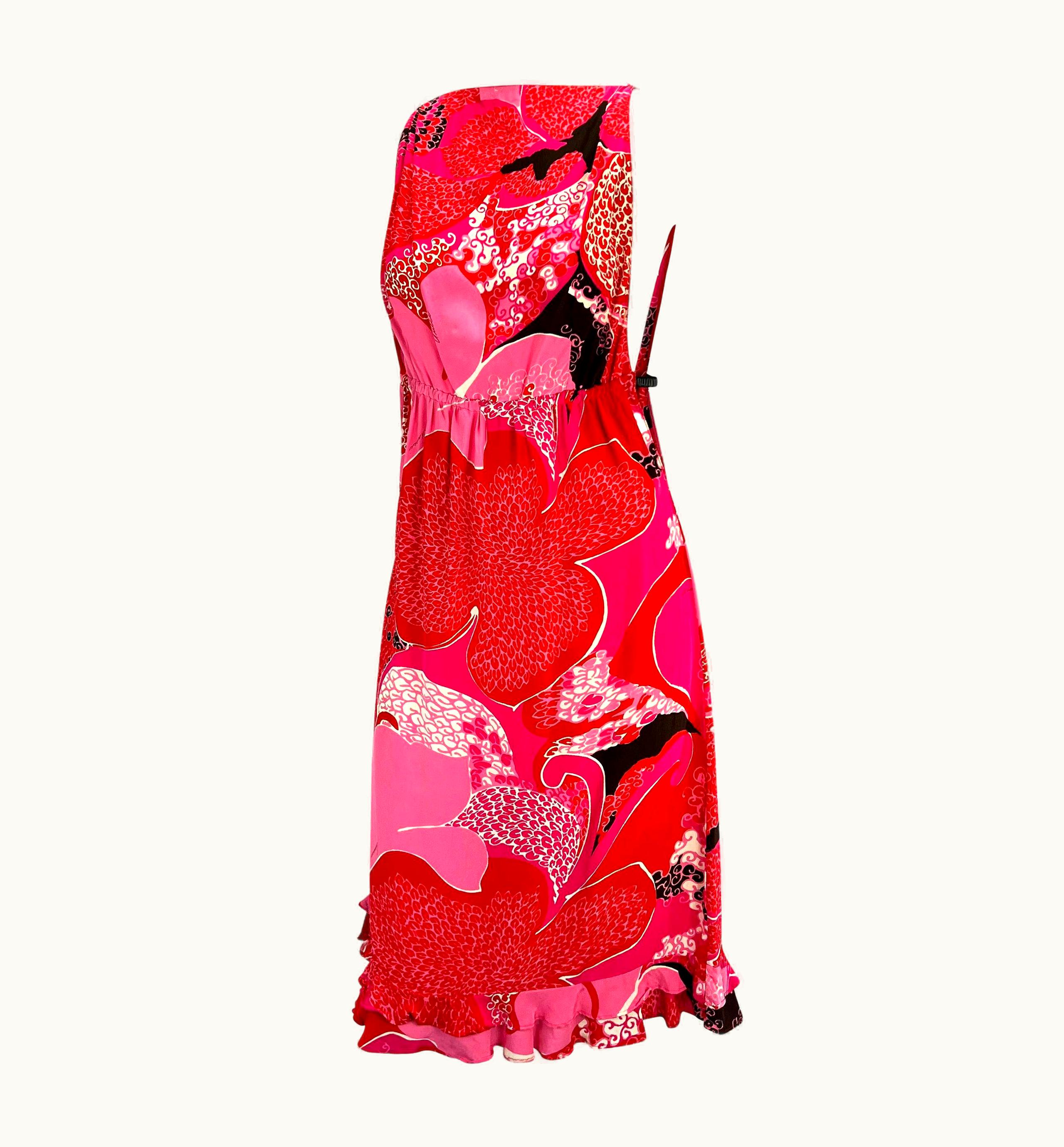 Gucci S/S 1999 Gucci By Tom Ford Pink 'Acid Flower' Silk Leather Strap Dress Runway