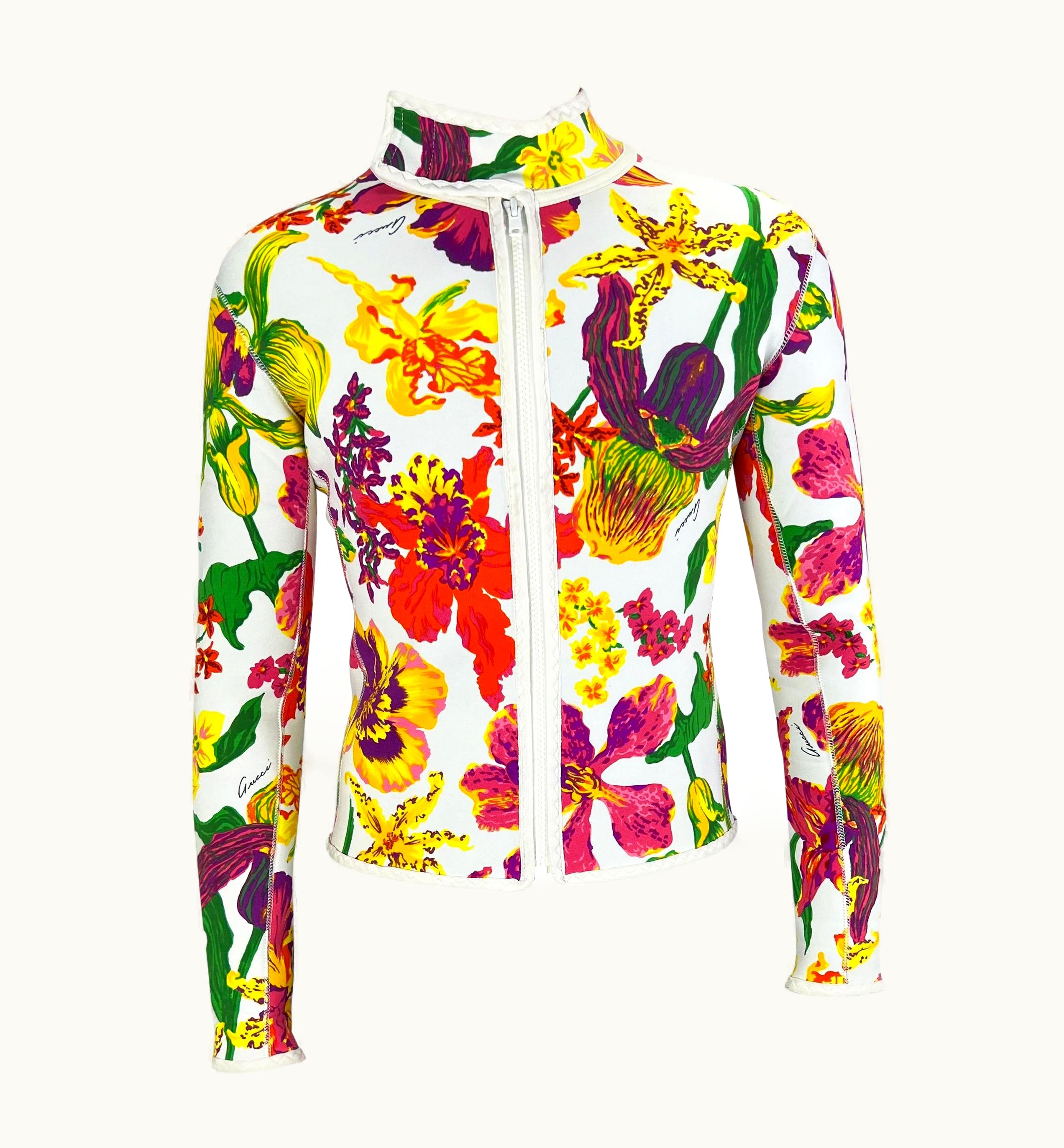 Gucci S/S 1999 Gucci By Tom Ford Men' Runway Ad White Floral Neoprene Scuba Jacket