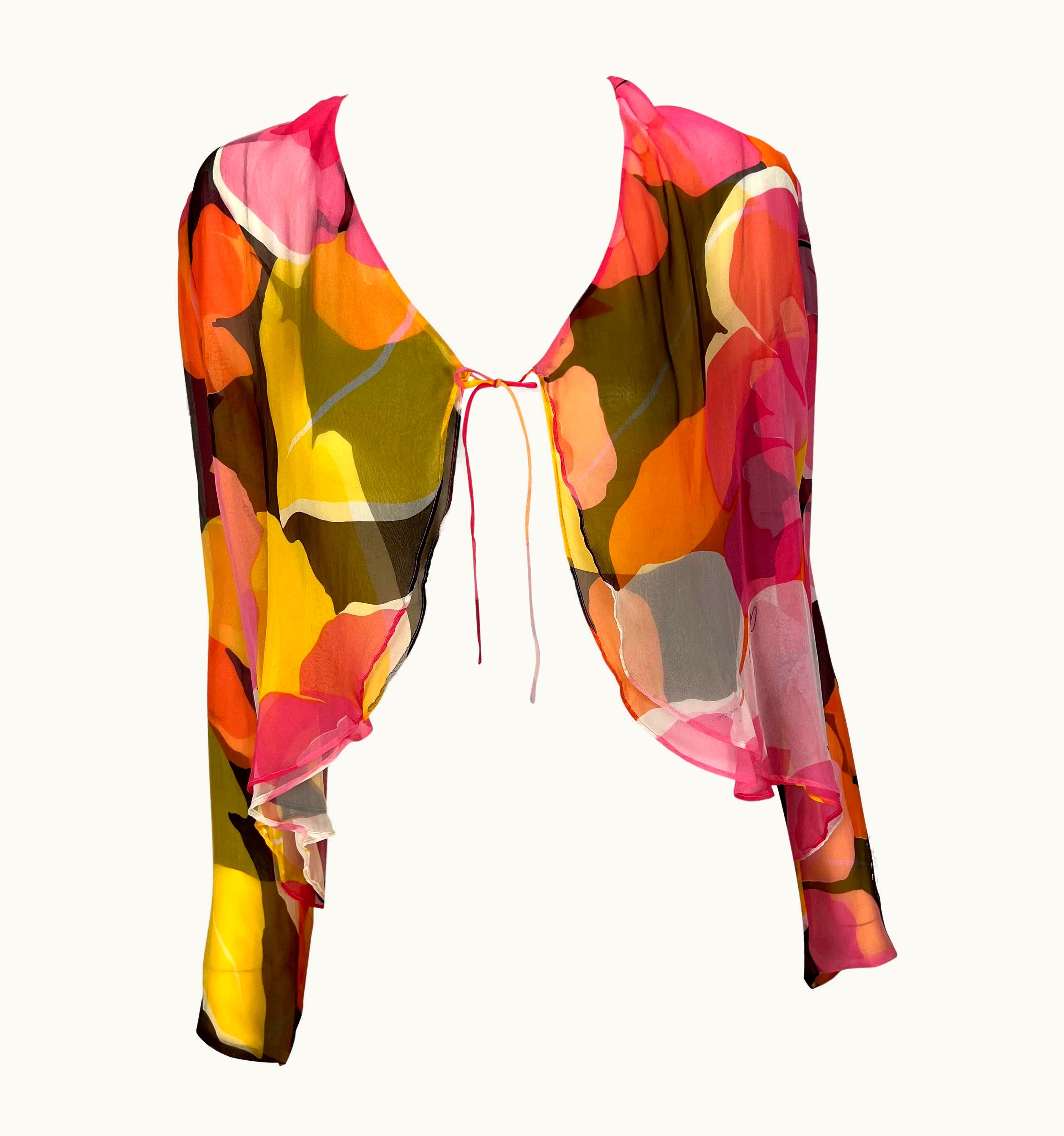 Gucci S/S 1999 Gucci By Tom Ford Runway Ad Sheer Silk Floral Pink Orange Top