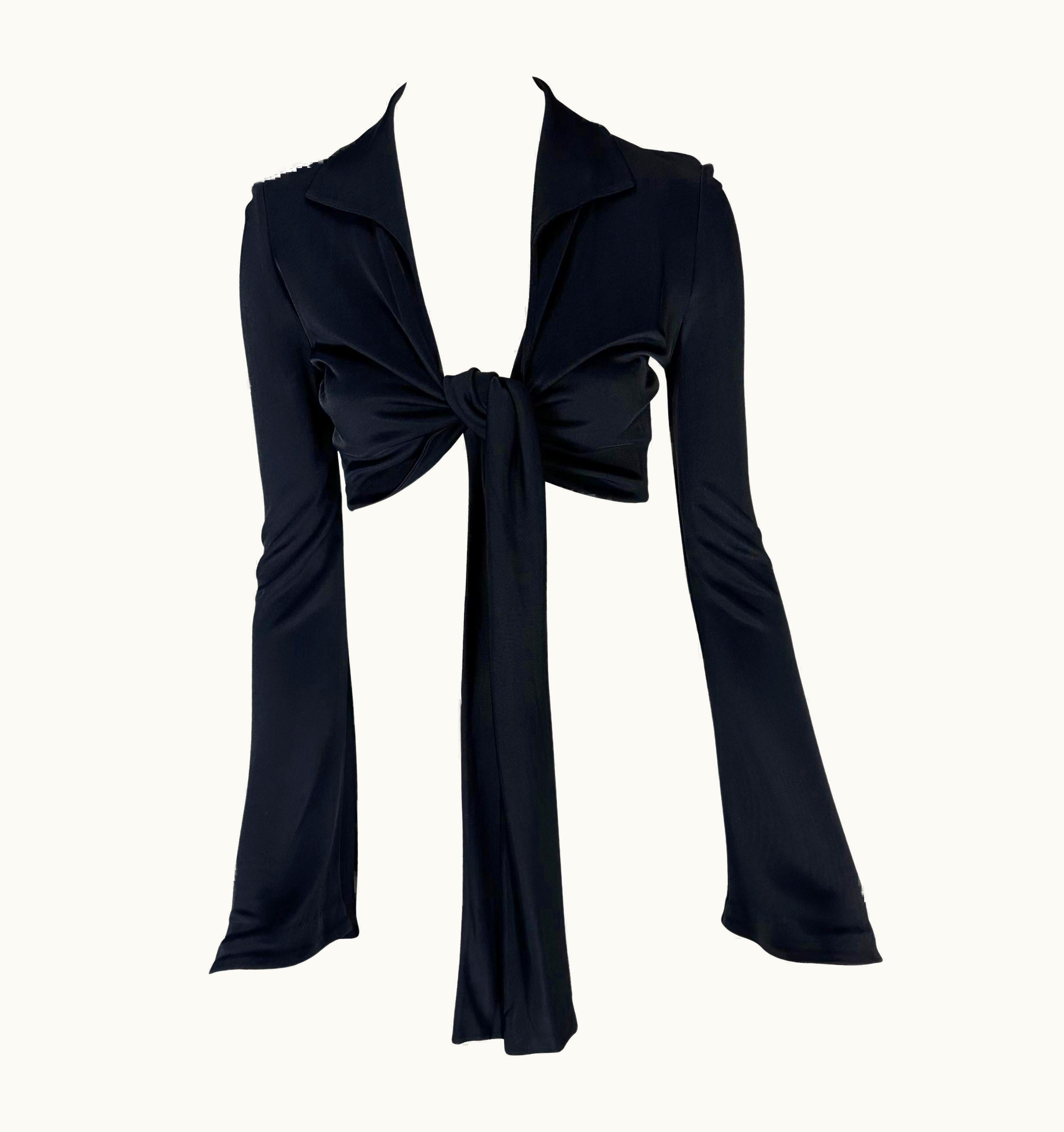 Gucci S/S 1996 Gucci By Tom Ford Runway Tie-Front Bell Sleeve Navy Viscose Crop Top
