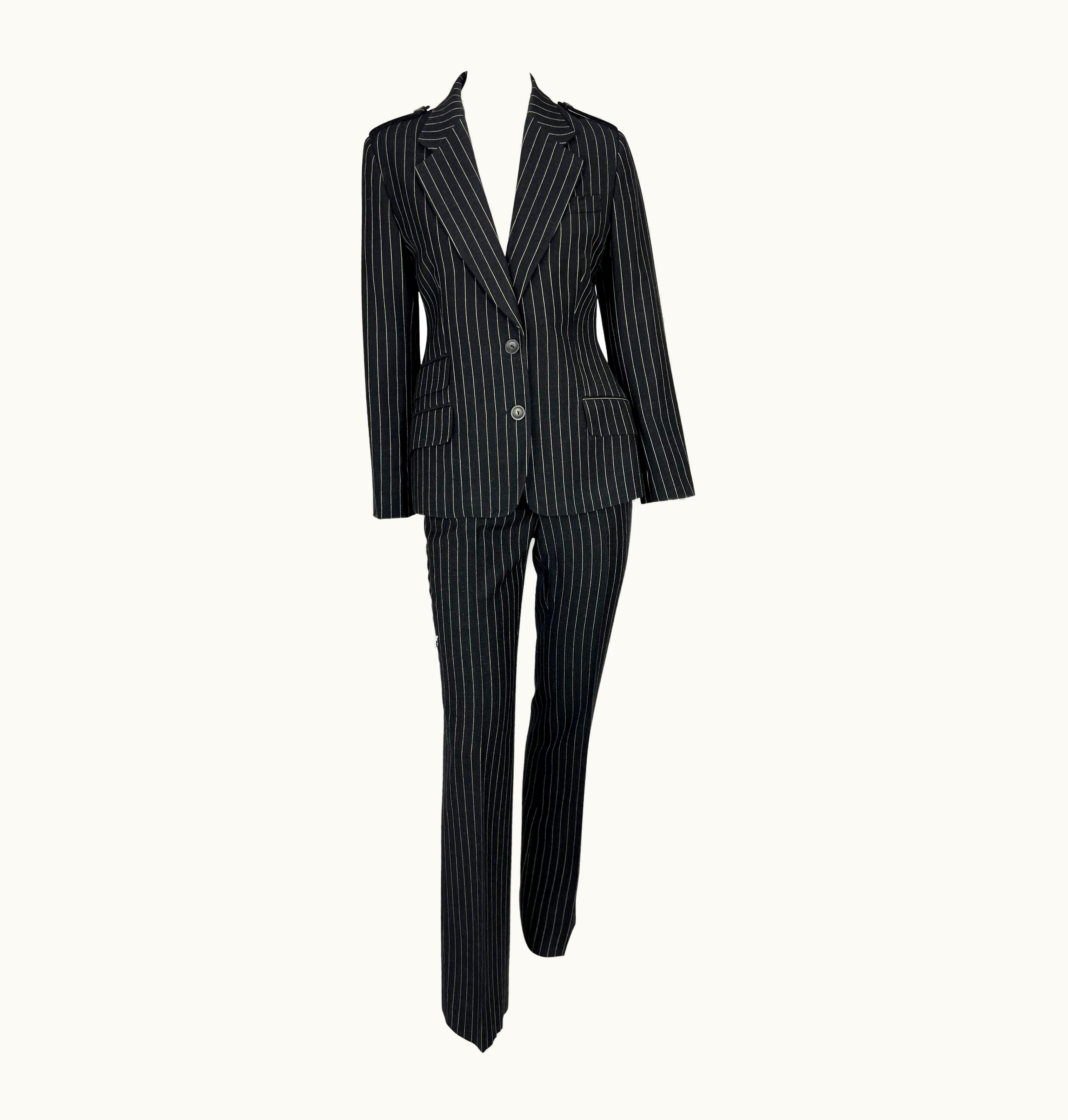 Gucci AW 1996 Gucci By Tom Ford Runway Ad Black Wool Pinstripe Epaulet Pant Suit