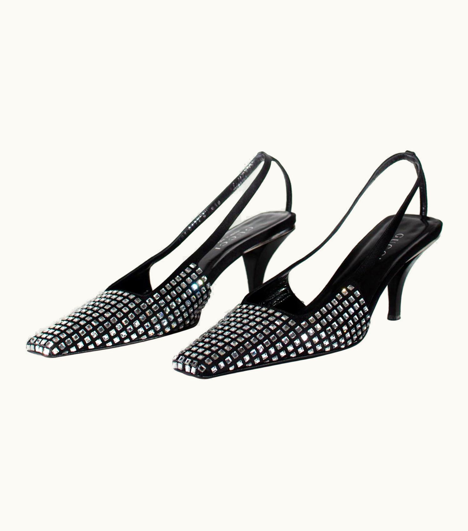 Gucci S/S 1998 Gucci By Tom Ford Runway Ad Square Rhinestone G Logo Kitten Heels