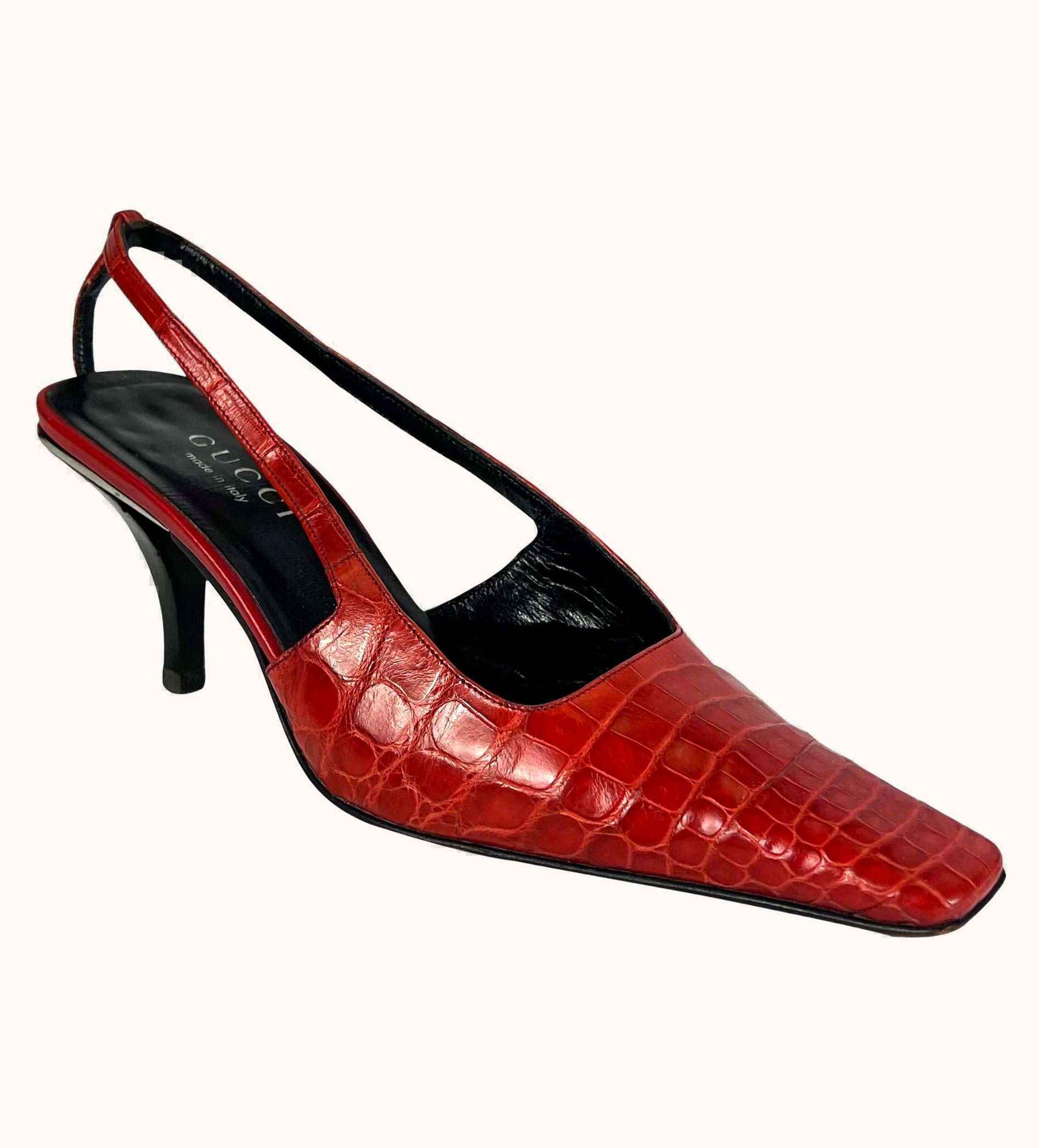 Gucci S/S 1998 Gucci By Tom Ford Red Alligator Crystal G Kitten Heels ize 37 C