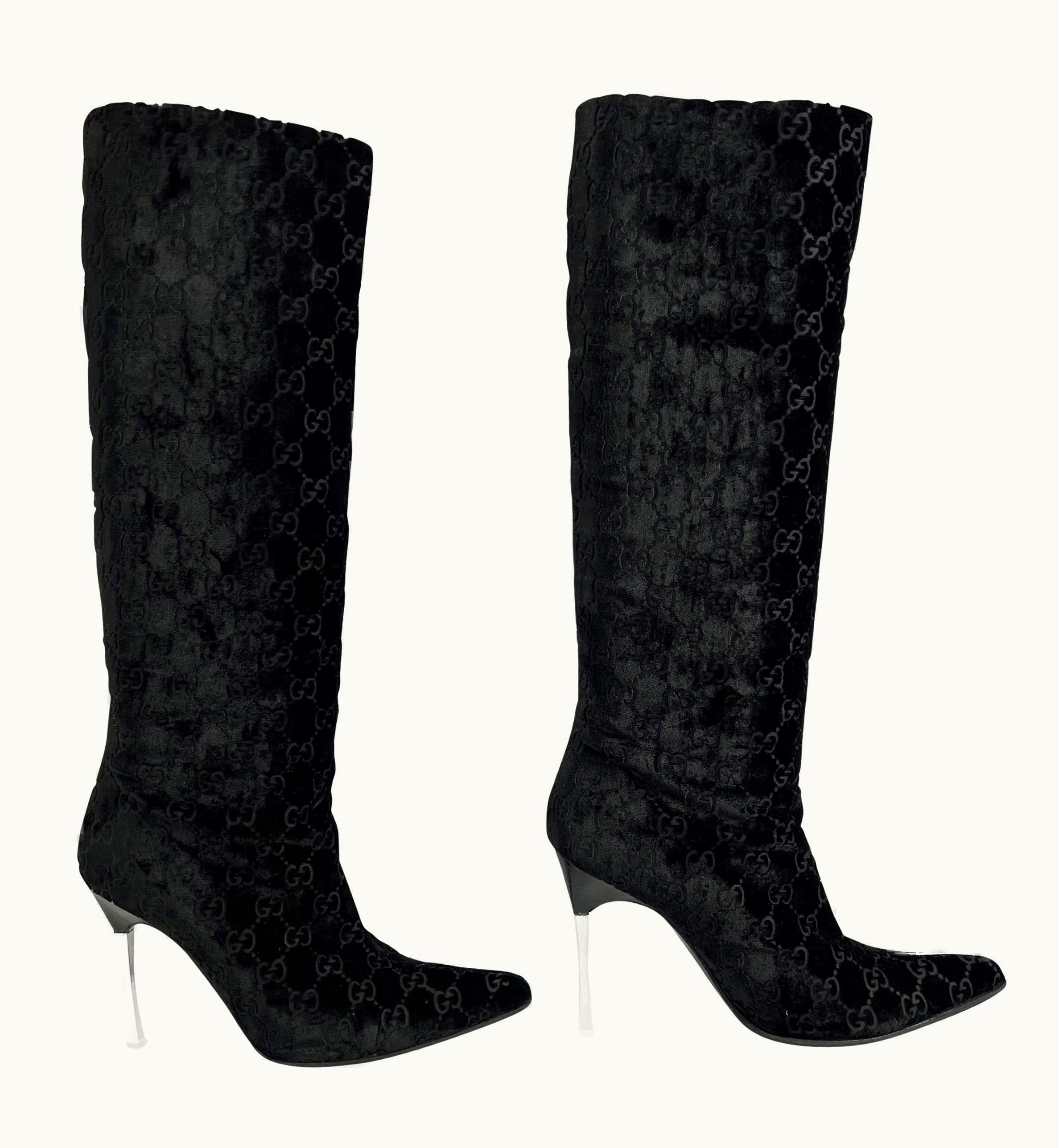 Gucci AW 1997 Gucci By Tom Ford 'gg' Monogram Black Velvet Heel Boots .5b