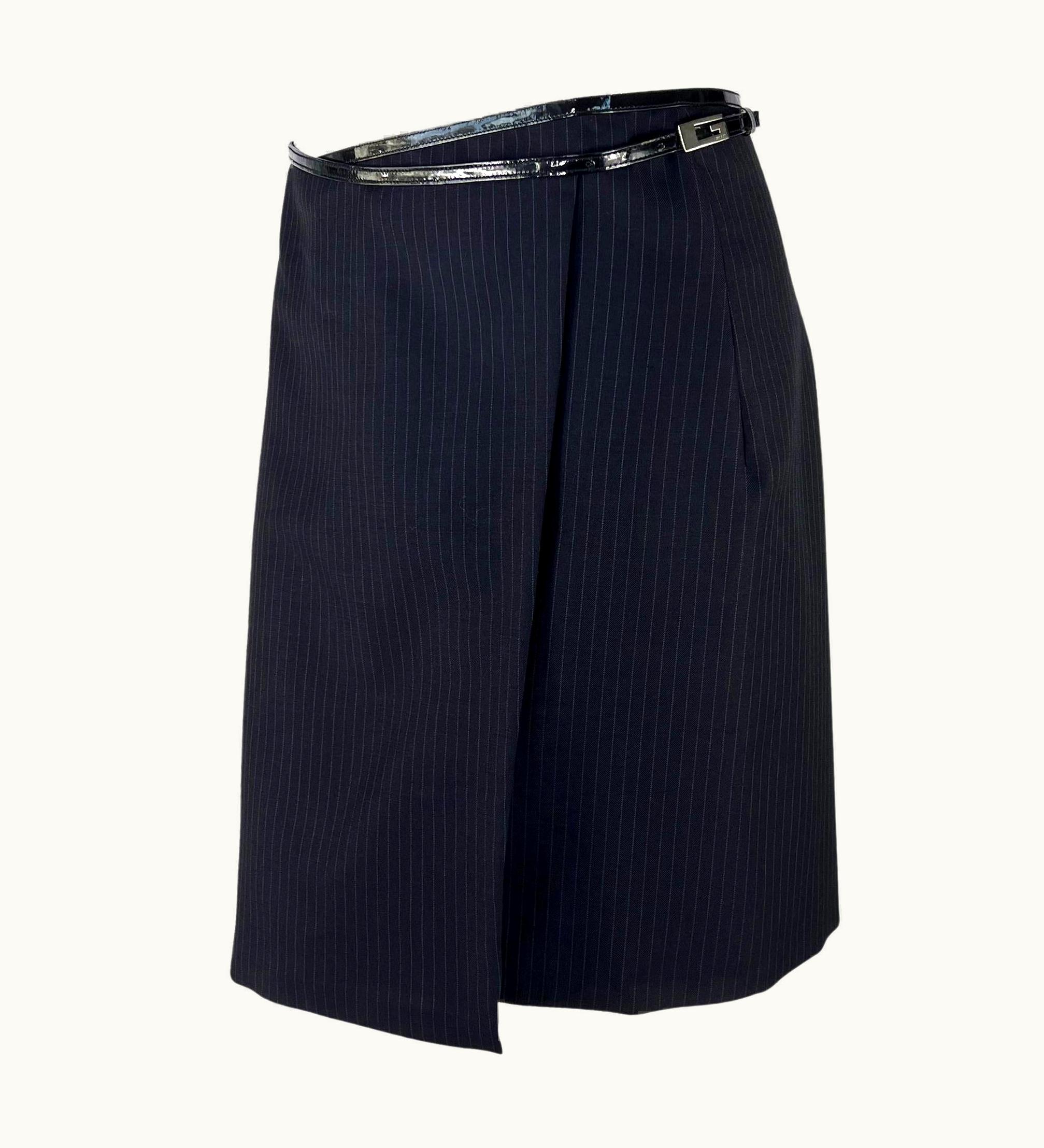 Gucci AW 1997 Gucci By Tom Ford Runway G Logo Buckle Wrap Pinstripe Belted Wool Skirt UZ0573661