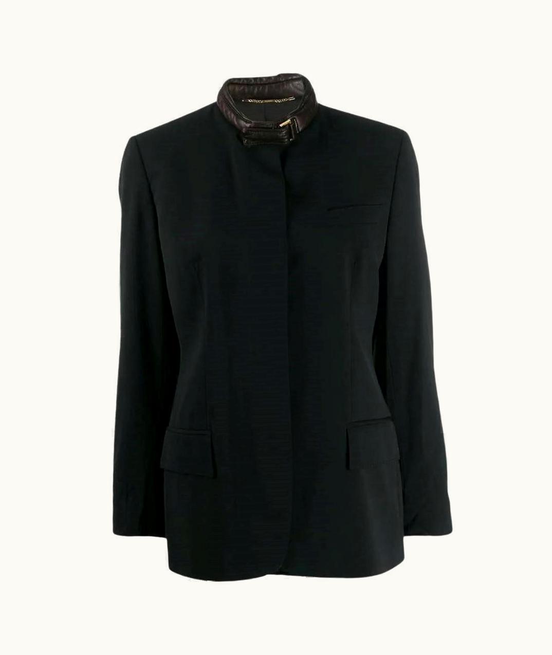 Gucci 90s Gucci Vintage Black Wool Fitted Jacket With Leather Mandarin Collar