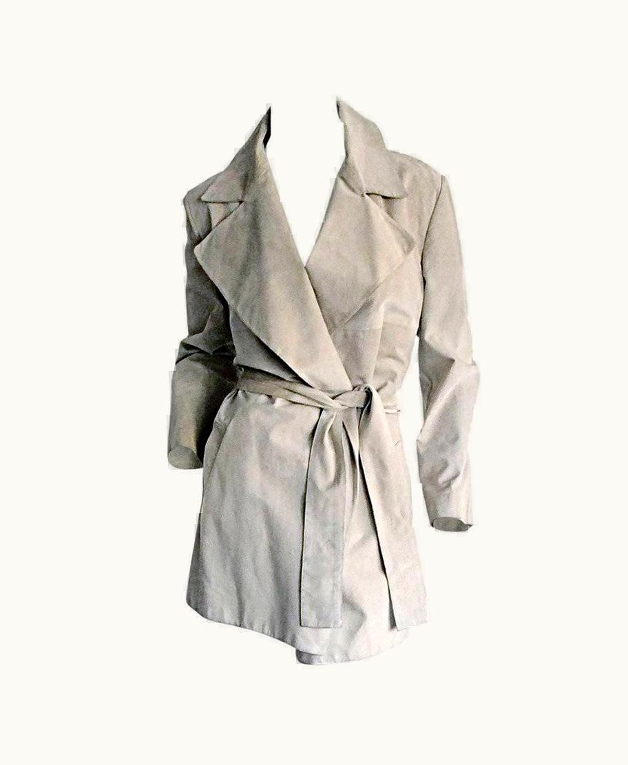 Gucci Tom Ford For Gucci 1990s Suede Leather Stone Khaki Belted Spy Trench Coat Jacket