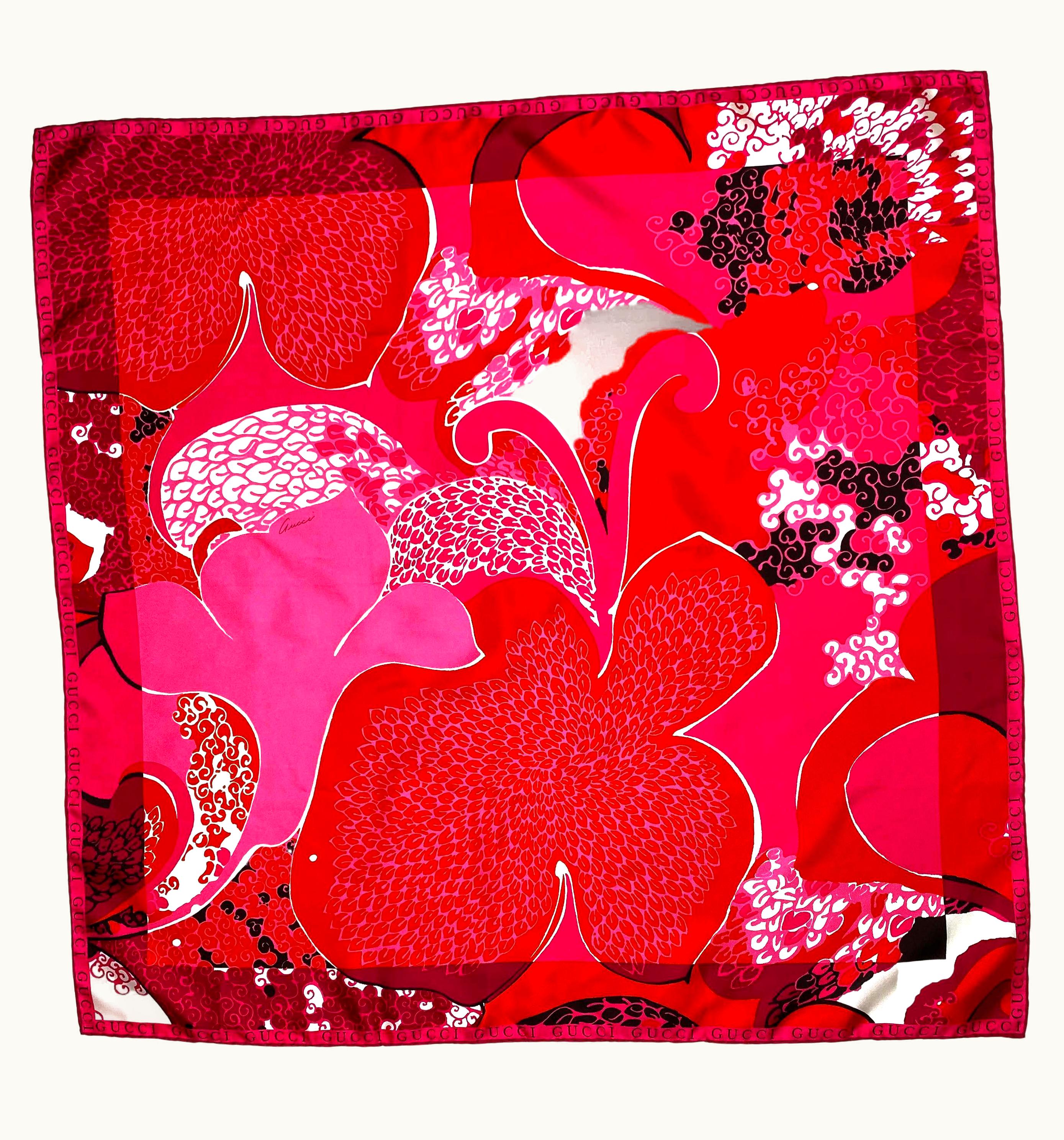 Gucci S/S 1999 Gucci By Tom Ford Acid Flower Pink Silk Logo Square Scarf