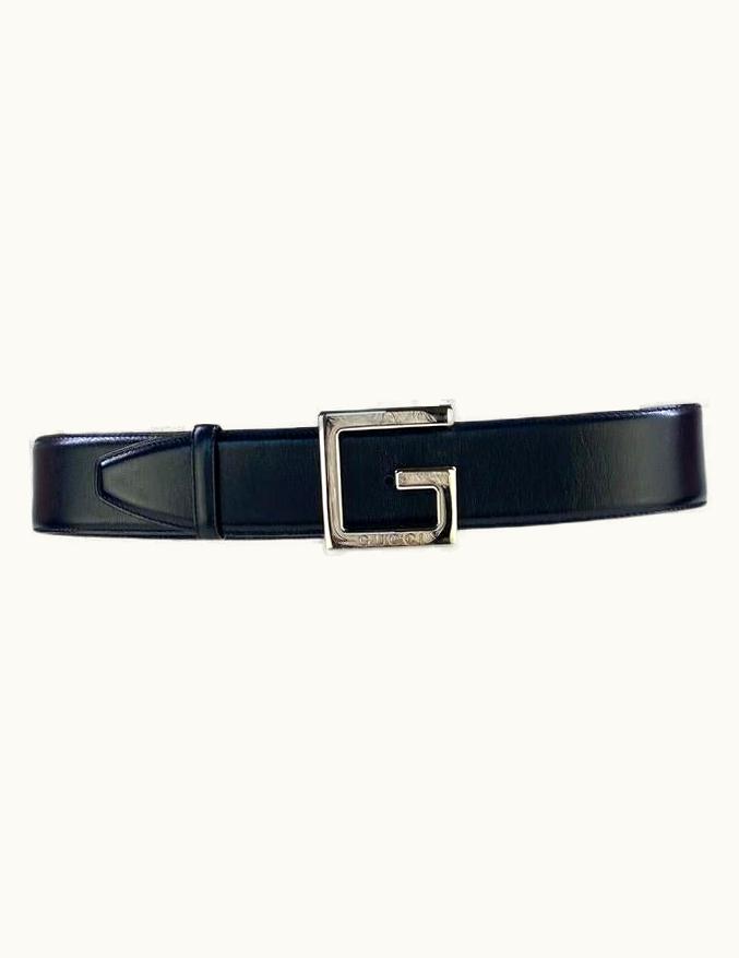 Gucci AW 1995 Gucci By Tom Ford Kate Moss Square G Logo Navy Leather Runway Belt