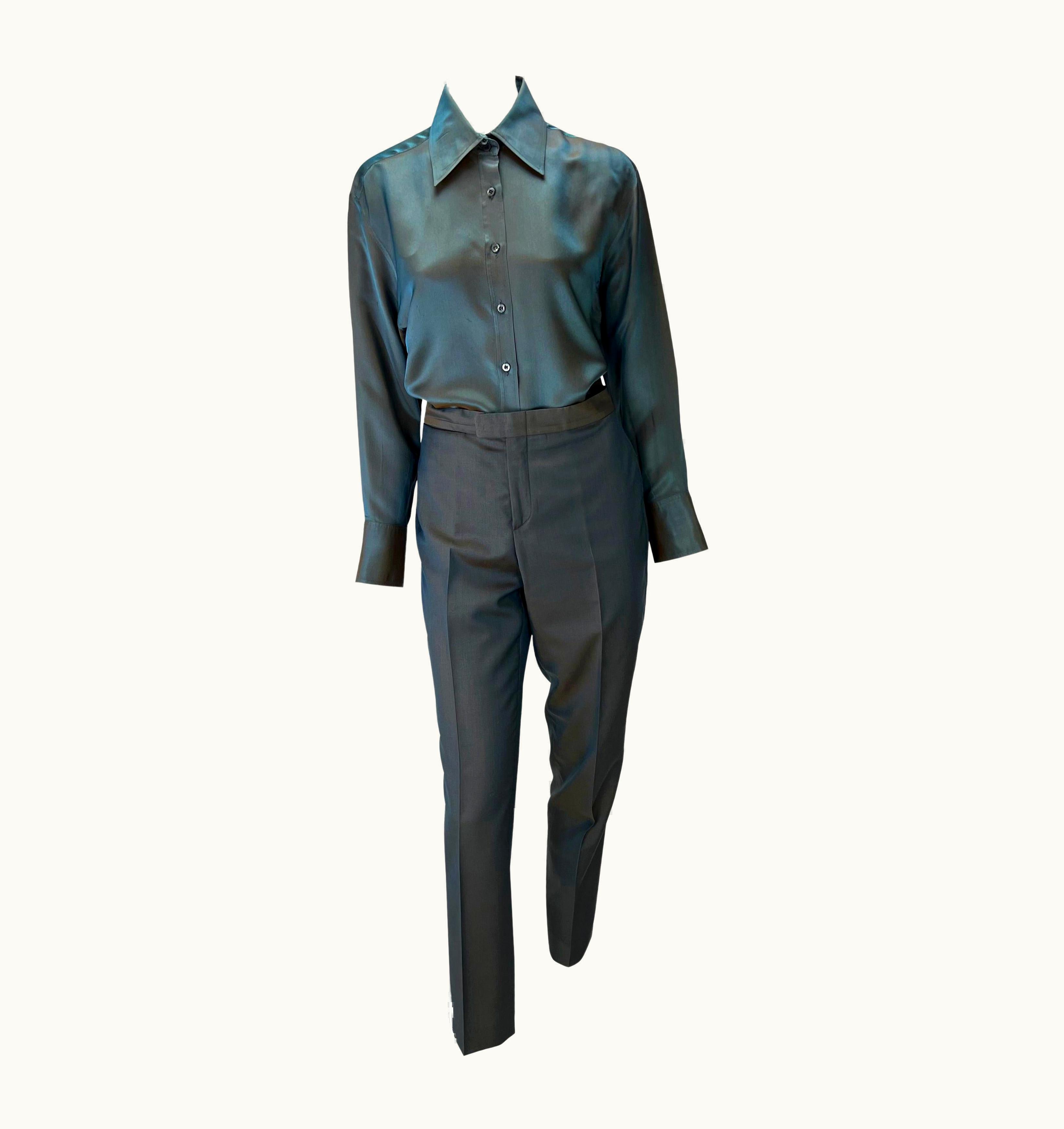 Gucci S/S 1998 Gucci By Tom Ford Runway Iridescent Satin Grey Rust Button Up Pant Set