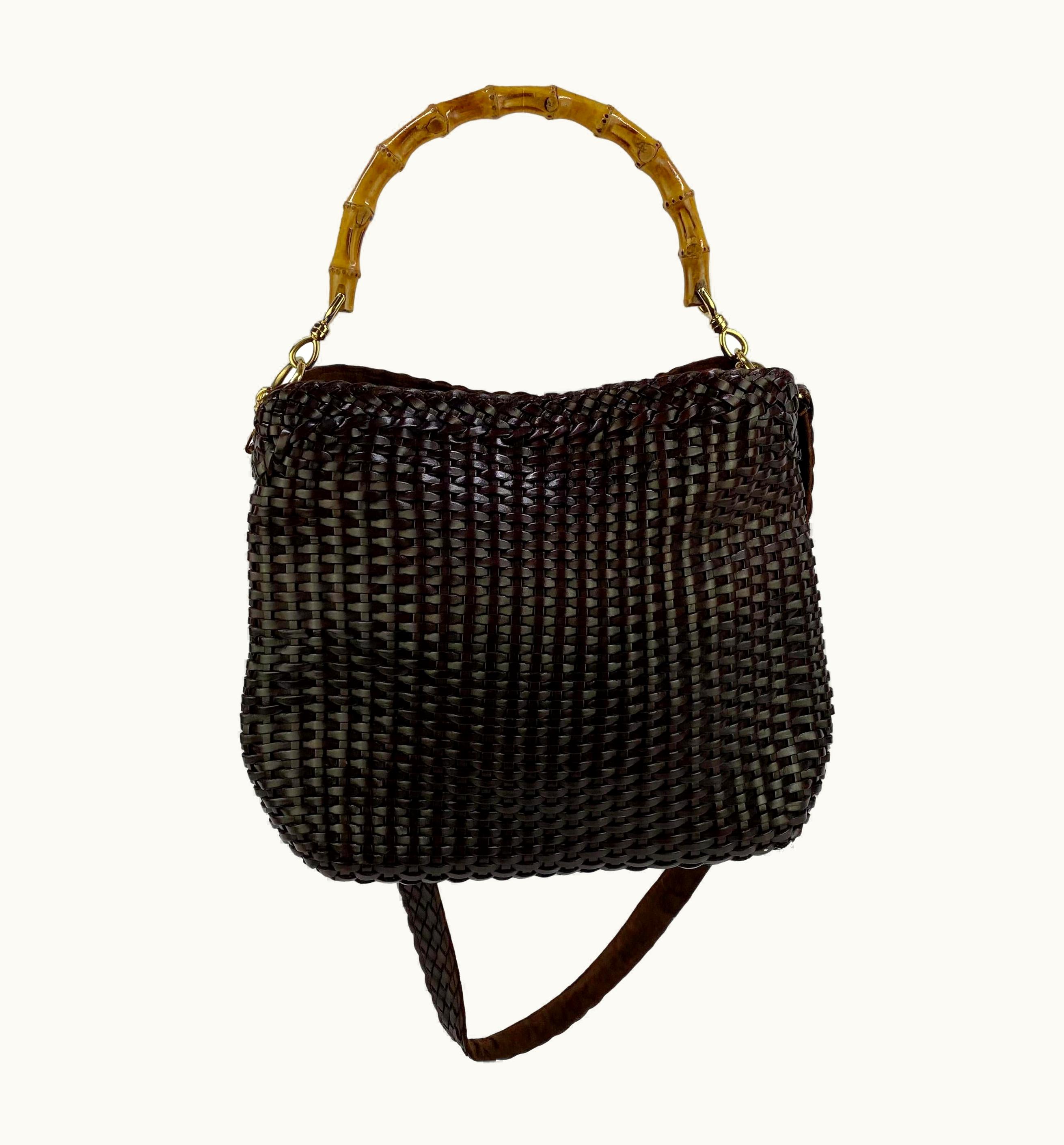 Gucci S/S 1997 Gucci By Tom Ford Woven Brown Leather Hobo Bamboo Bag With Strap