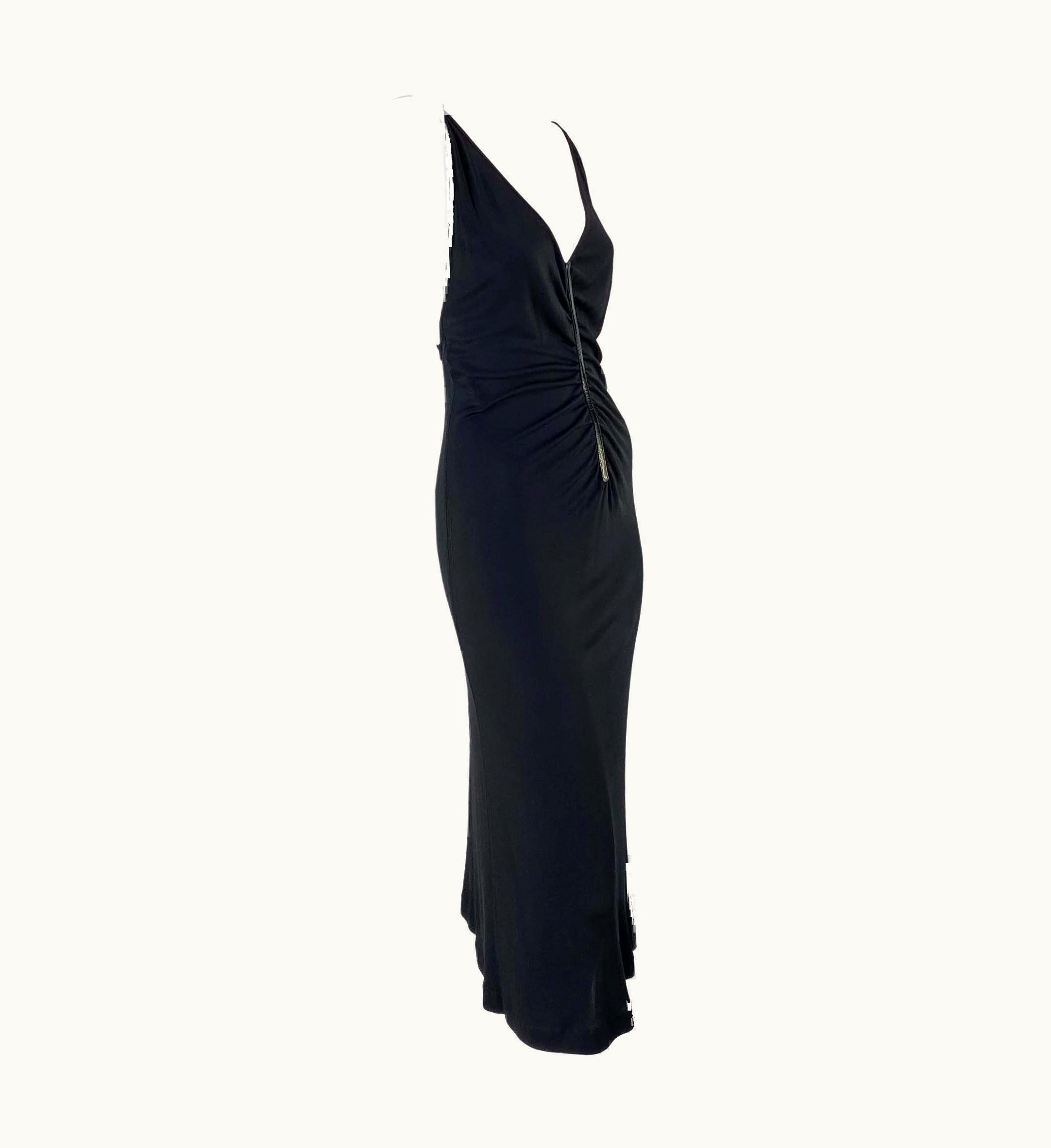 Gucci AW 1999 Gucci By Tom Ford Backless Ruched Viscose Patent Leather Trim Dress