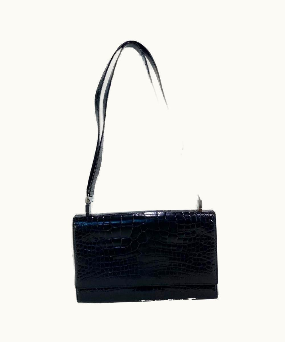 Gucci 1998 Gucci By Tom Ford Black Alligator Convertible Flap Shoulder Bag Clutch