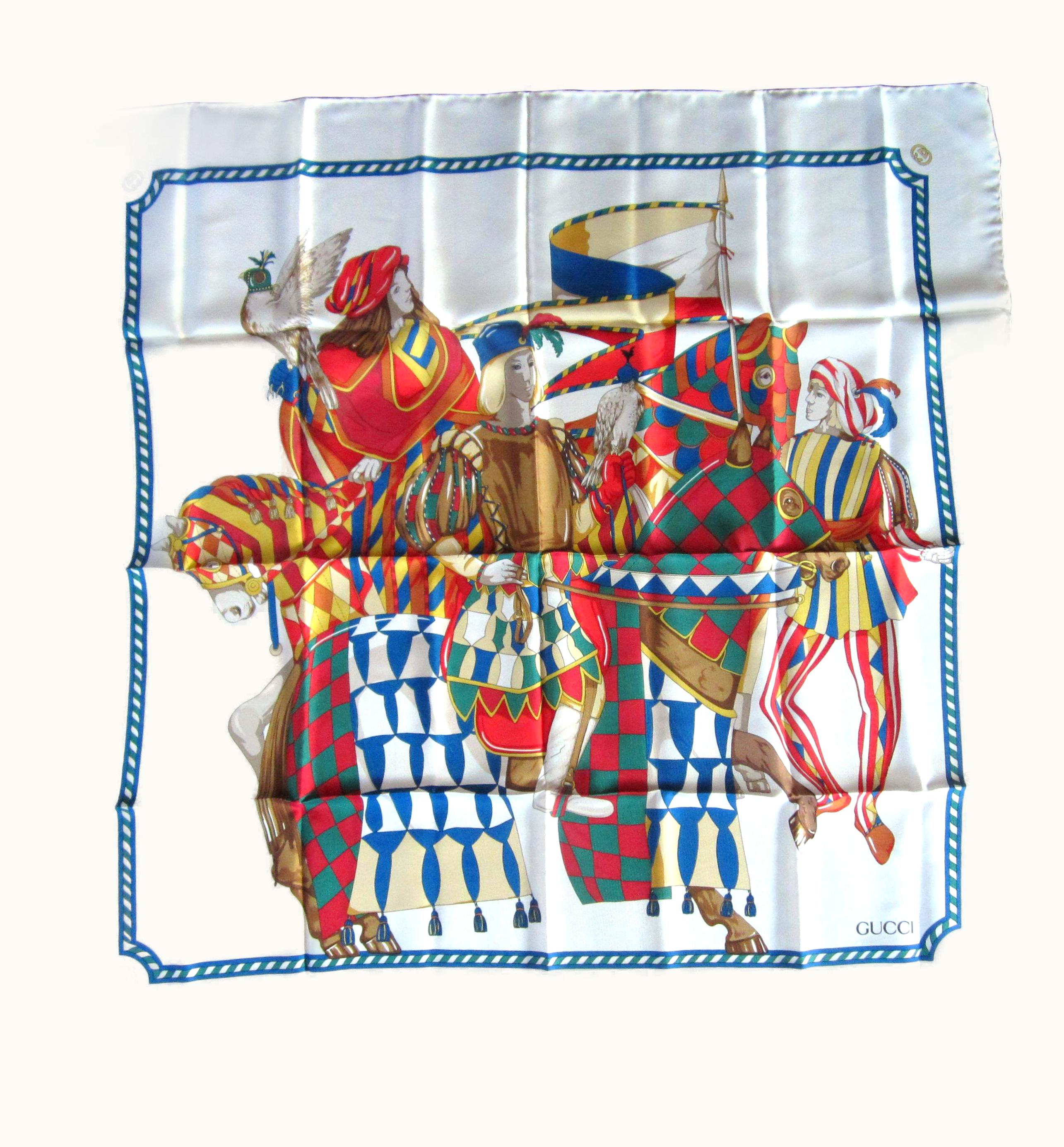 Gucci Gucci Silk Scarf Horse Bird Scene VIbrant Red, Green Blue New, Never Worn 1990s