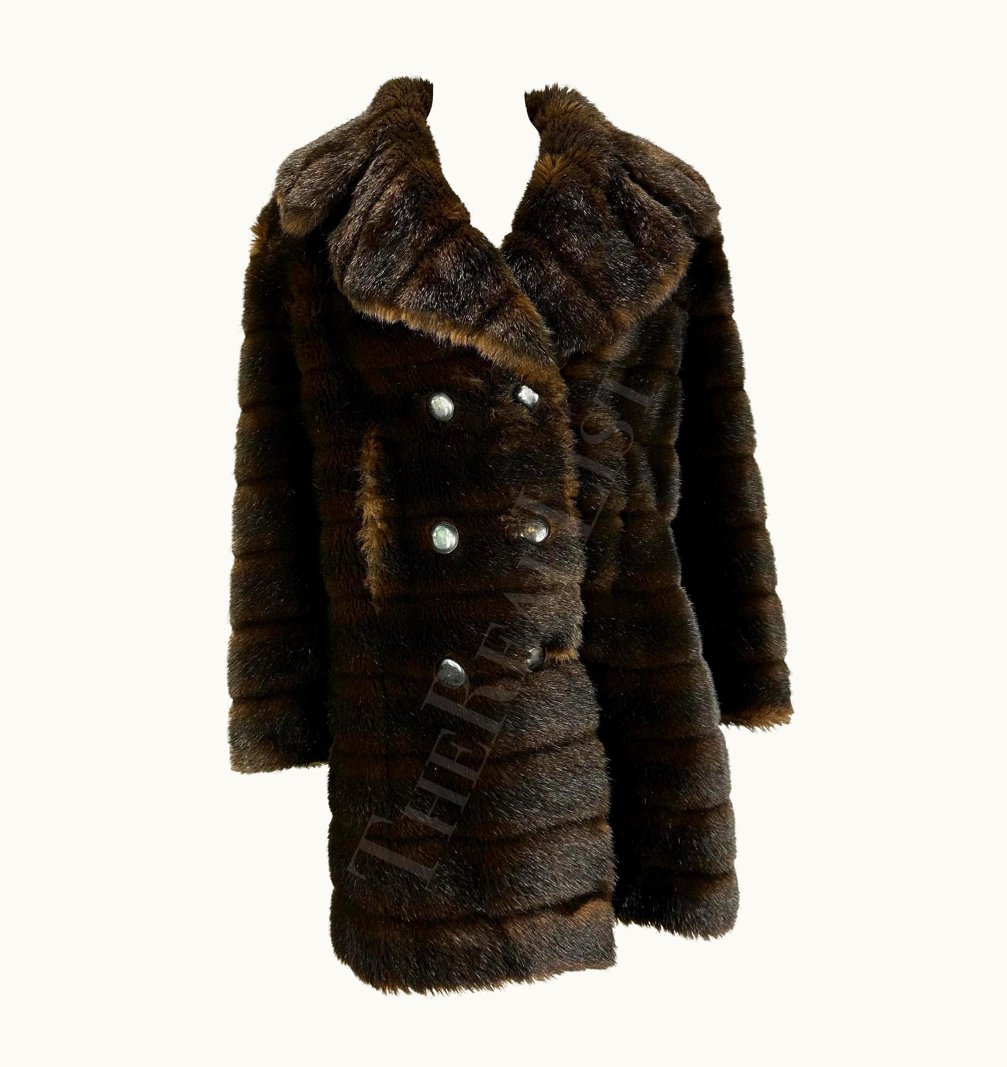 Gucci AW 1995 Gucci By Tom Ford Runway Brown Faux Fur Mink Double Breasted Coat
