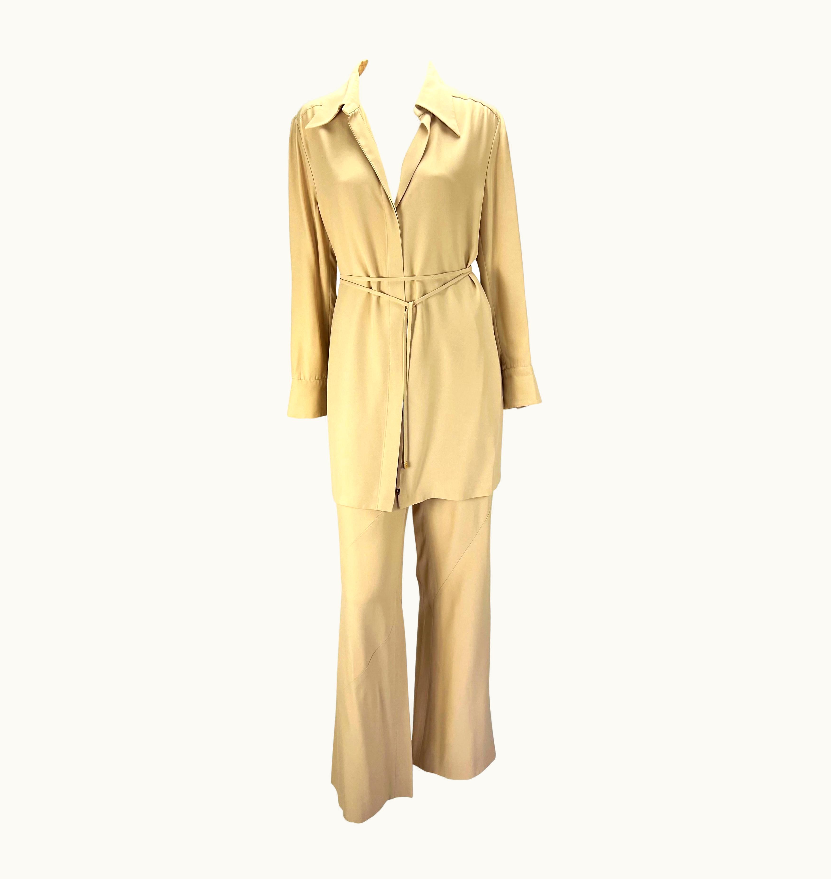 Gucci S/S 1997 Gucci By Tom Ford Beige Asymmetric Panel Wide Leg Belted Pantsuit