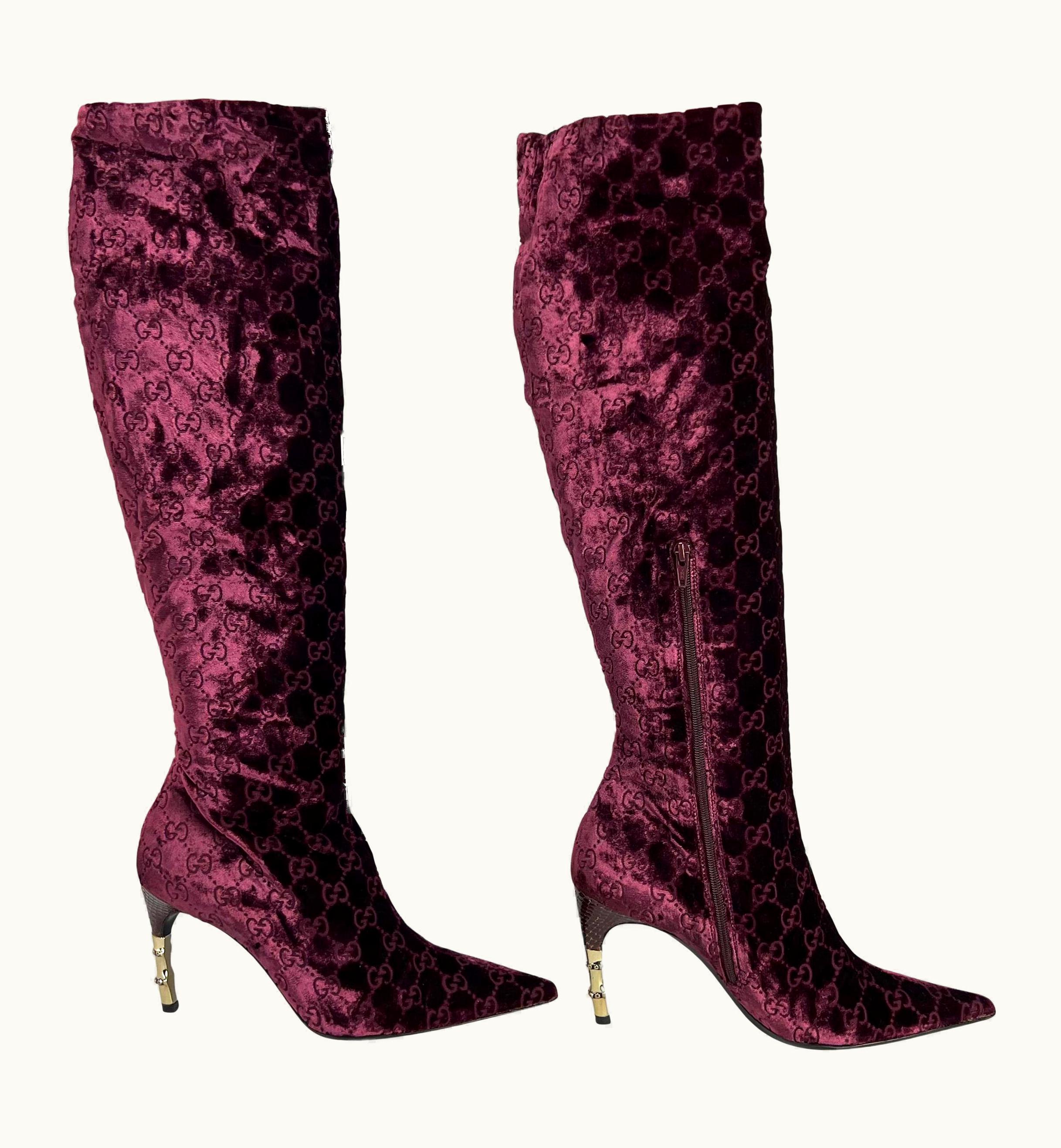 Gucci AW 2004 Gucci By Tom Ford Burgundy Velvet 'gg' Monogram Heel Boots c