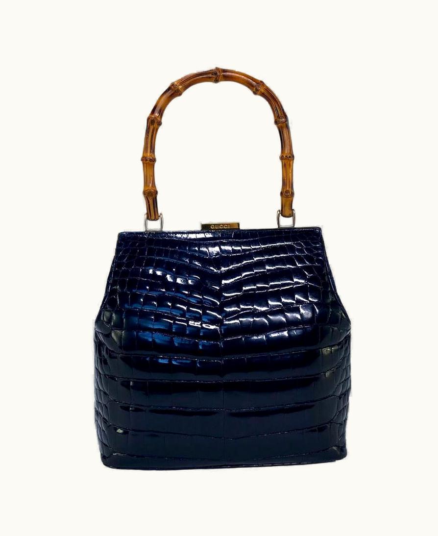 Gucci S/S 1995 Gucci By Tom Ford Debut Black Crocodile Bamboo Top Handle Frame Bag